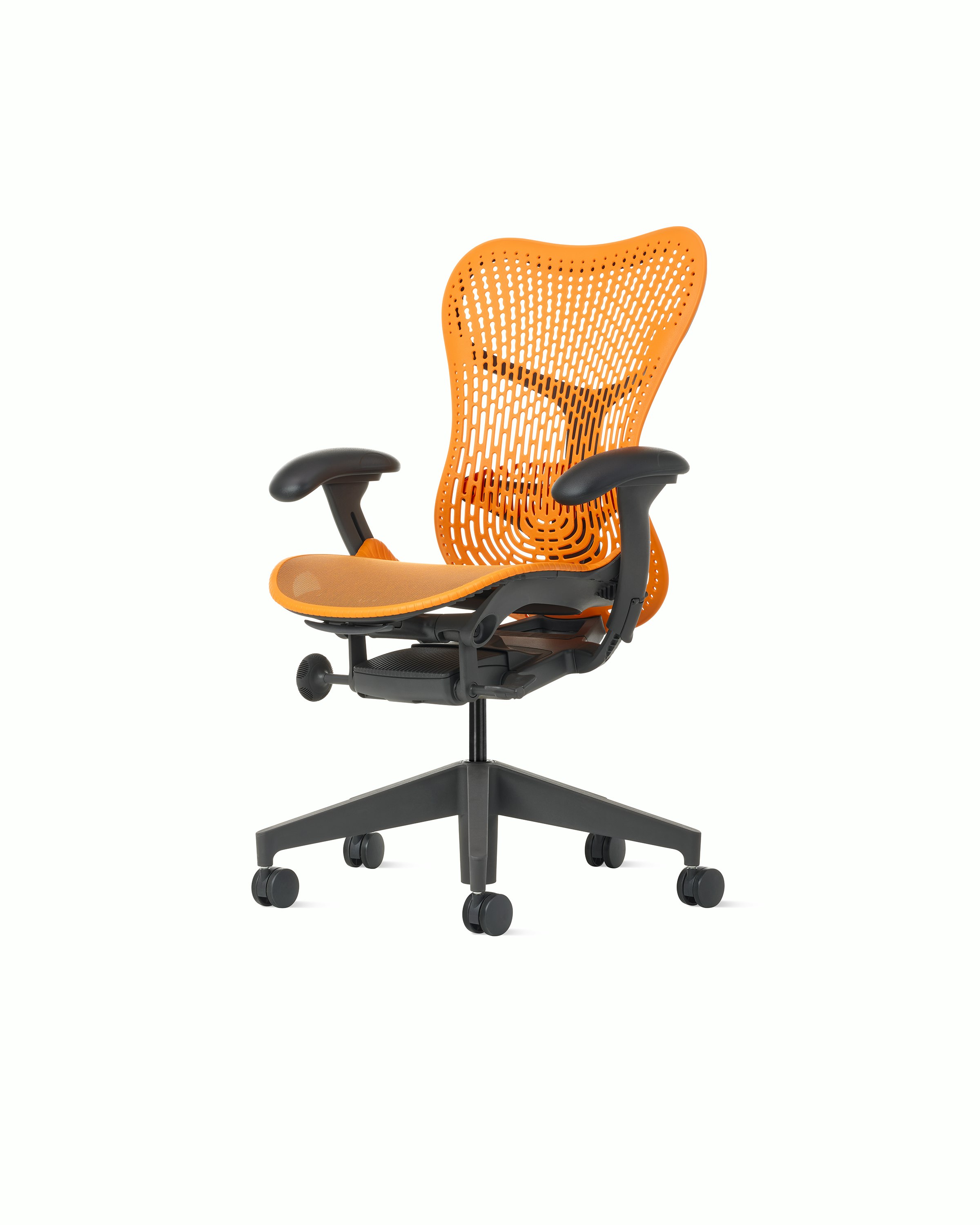 Front angle view of a Mirra2 chair with a Trflex back in ochre. 