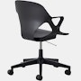 Rear angle view of a Zeph chair with fixed arms in black.