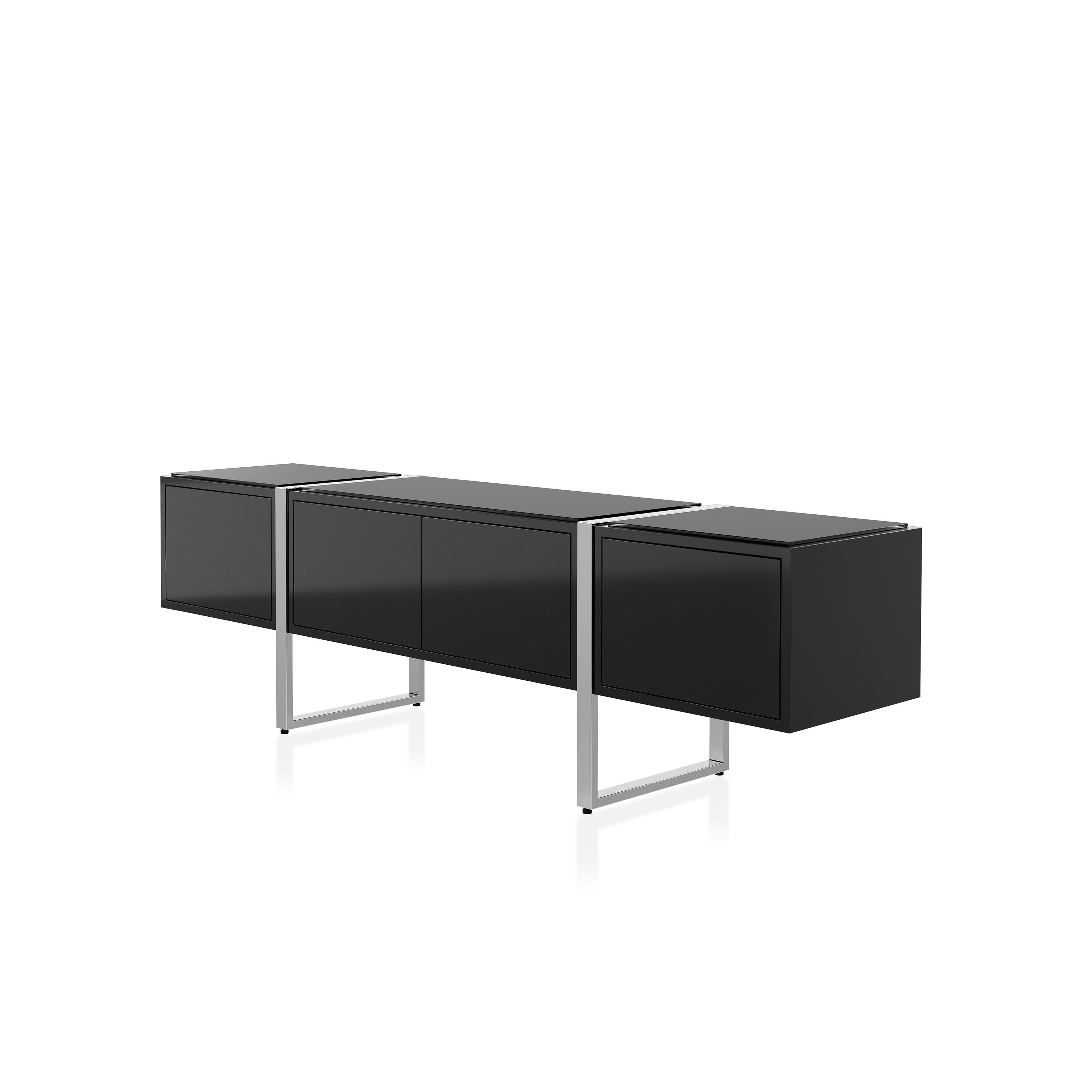 Highline Credenza in Black Polyester with Clear Black Backpainted Glass top and Polished Chrome legs viewed from a 45 degree angle.