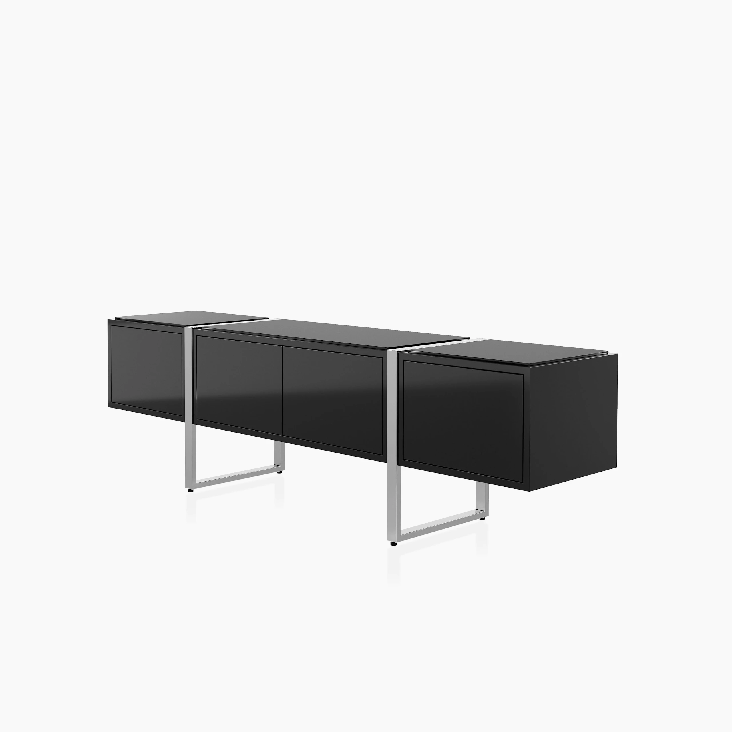 Highline Credenza in Black Polyester with Clear Black Backpainted Glass top and Polished Chrome legs viewed from a 45 degree angle.