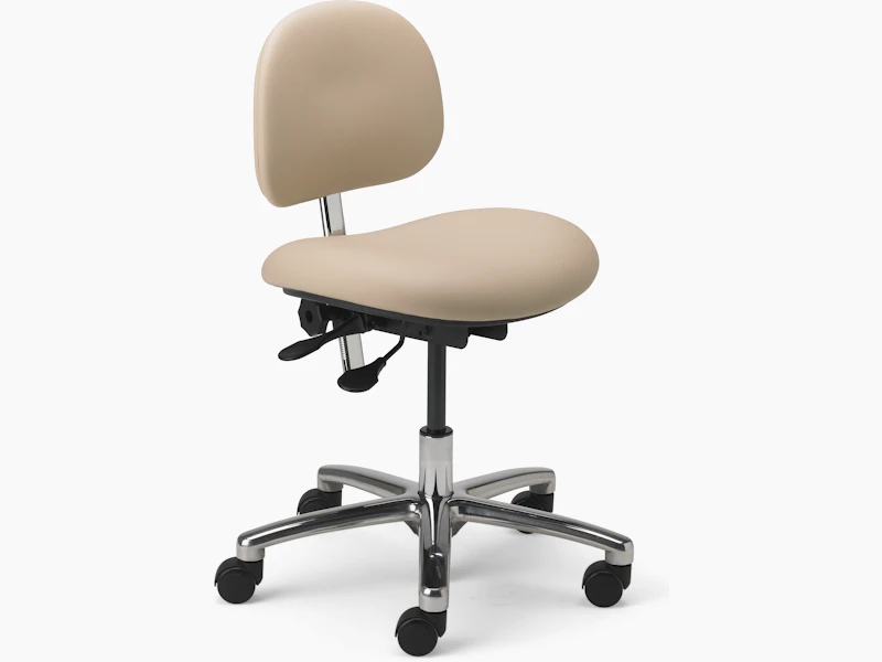 Lab Stool in a beige upholstered seat and back and a chrome base with dual lever adjustment and a 5-star base with casters.