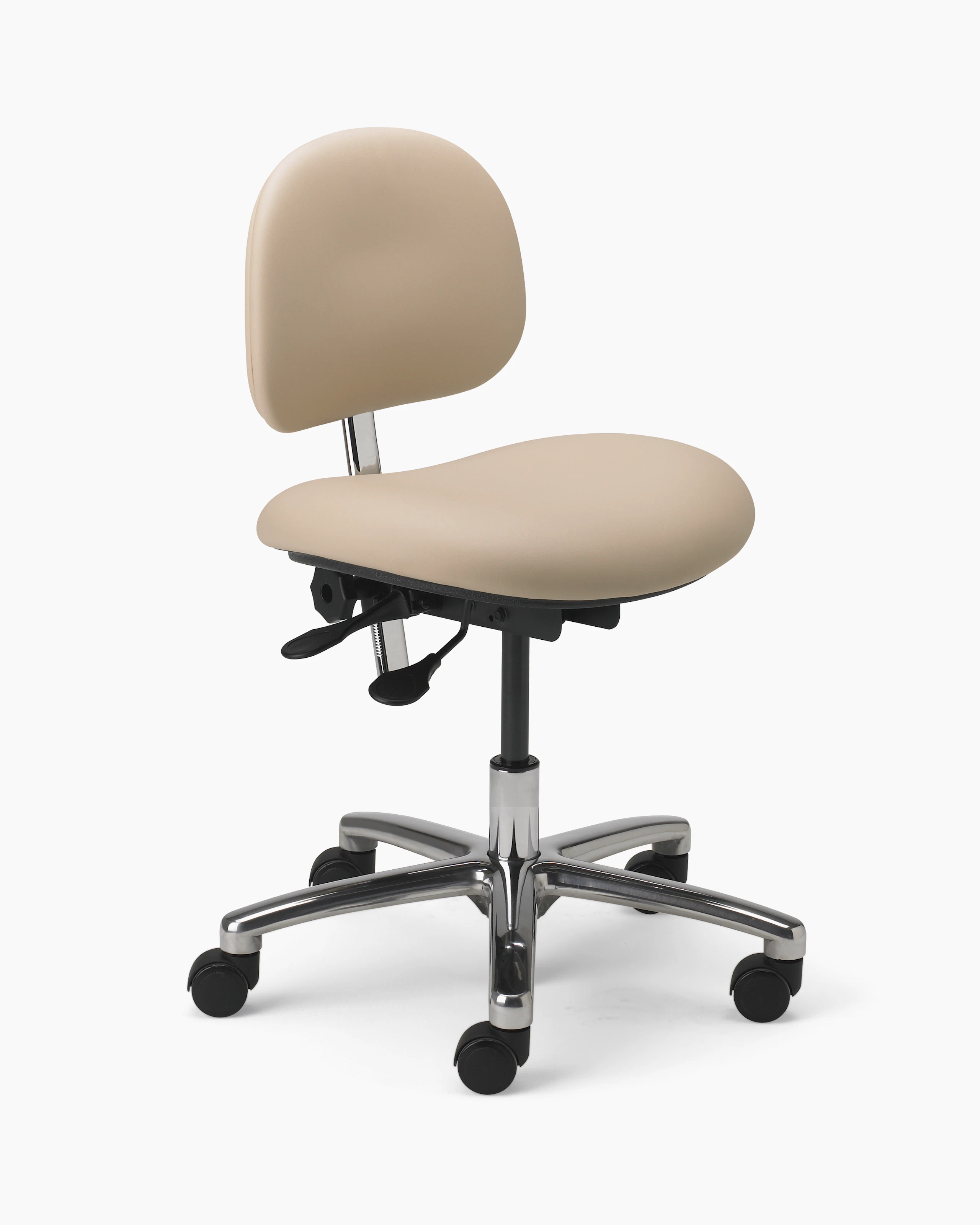 Lab Stool in a beige upholstered seat and back and a chrome base with dual lever adjustment and a 5-star base with casters.