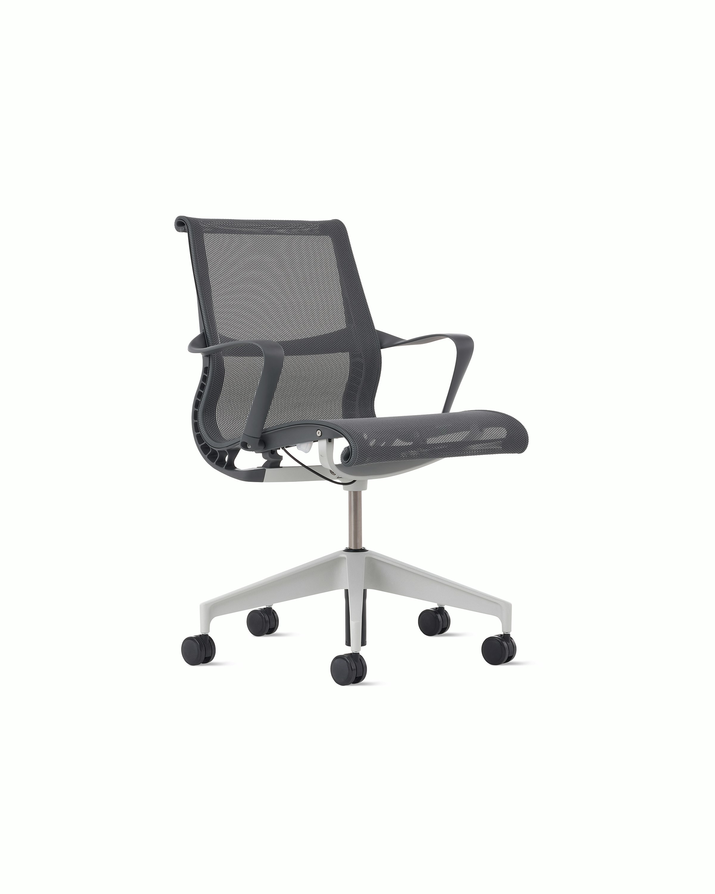 Front angle view of a Setu chair in grey with a silver alloy base.