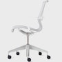 Side view of a Setu chair with grey suspension, white frame and silver alloy base.