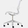 Side view of a Setu chair with grey suspension, white frame and silver alloy base.