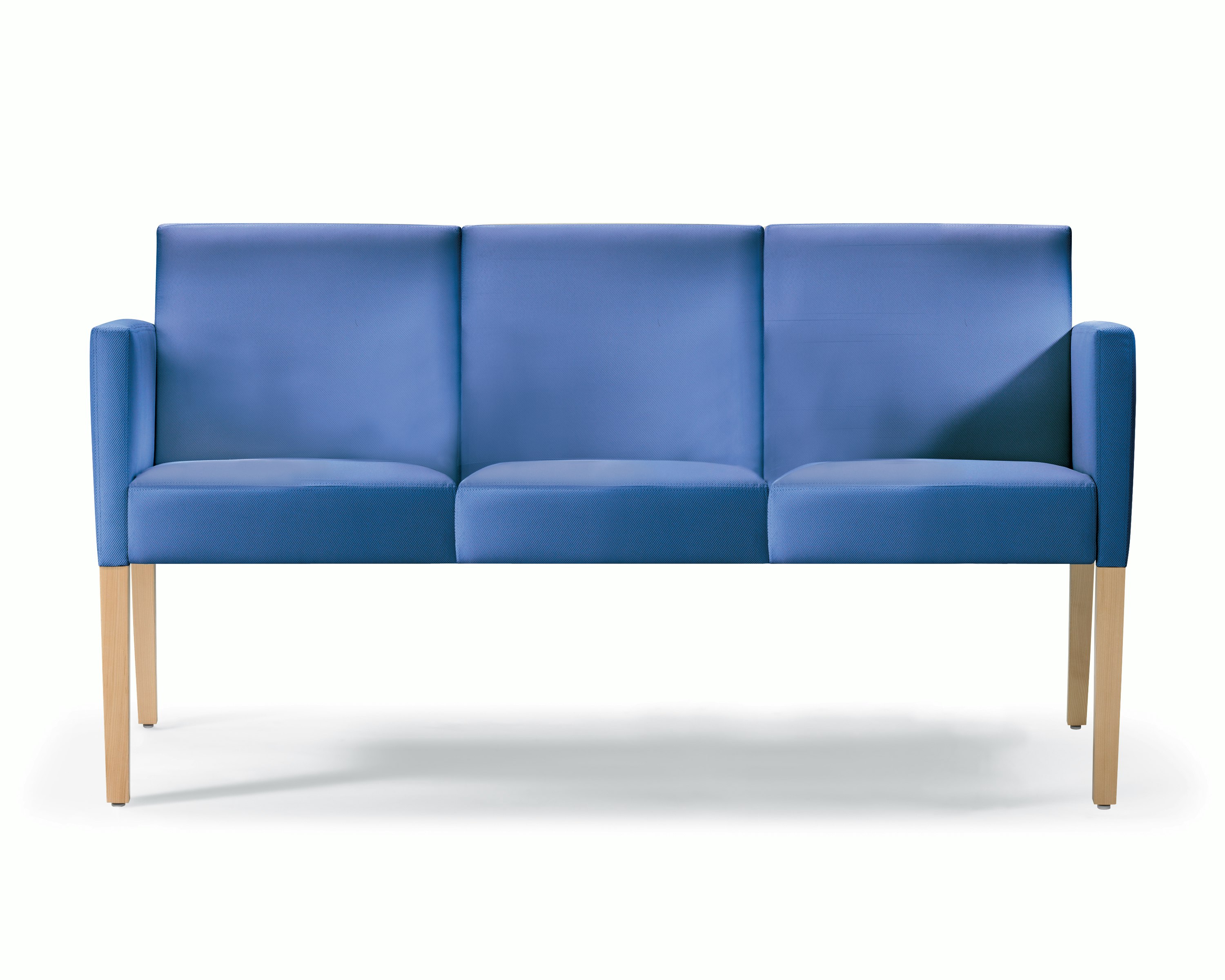 Brava 863 3-seat multiple and tandem chair upholstered in blue textile with upholstered arms and maple legs.