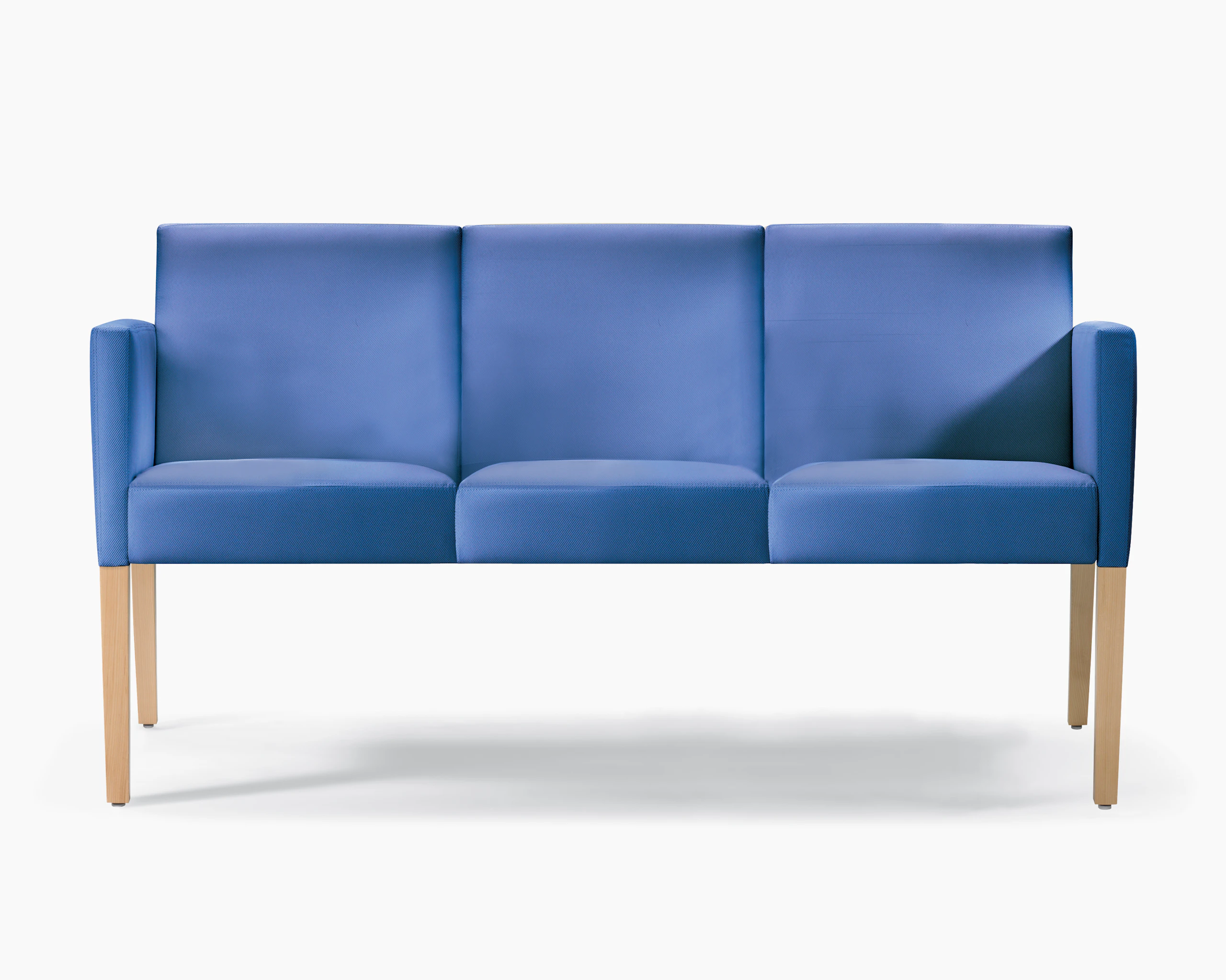 Brava 863 3-seat multiple and tandem chair upholstered in blue textile with upholstered arms and maple legs.