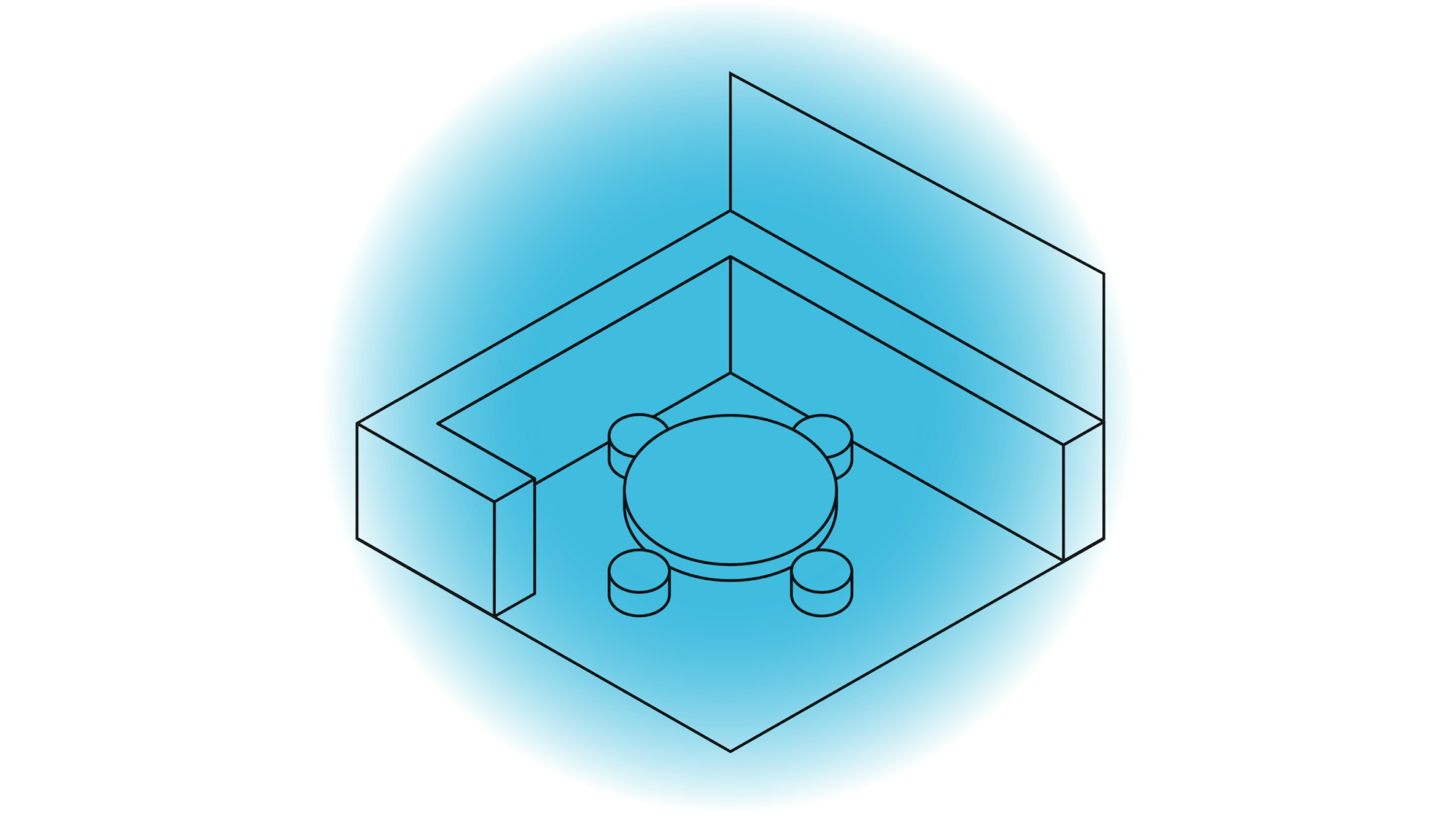 A blue illustration representing human-scaled work areas