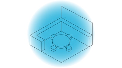 A blue illustration representing human-scaled work areas