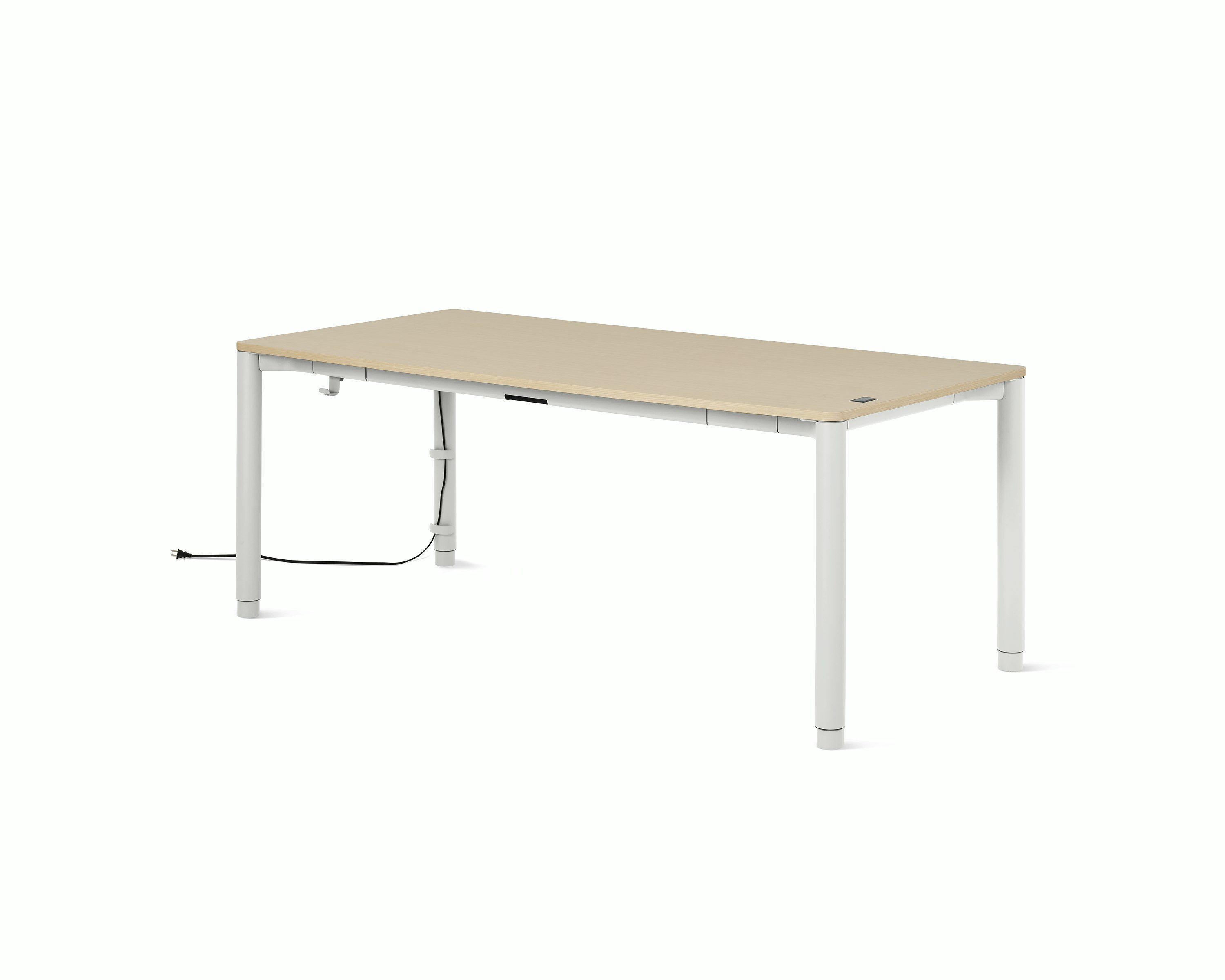 Four leg height-adjustable table shown with a light woodgrain surface and white legs.