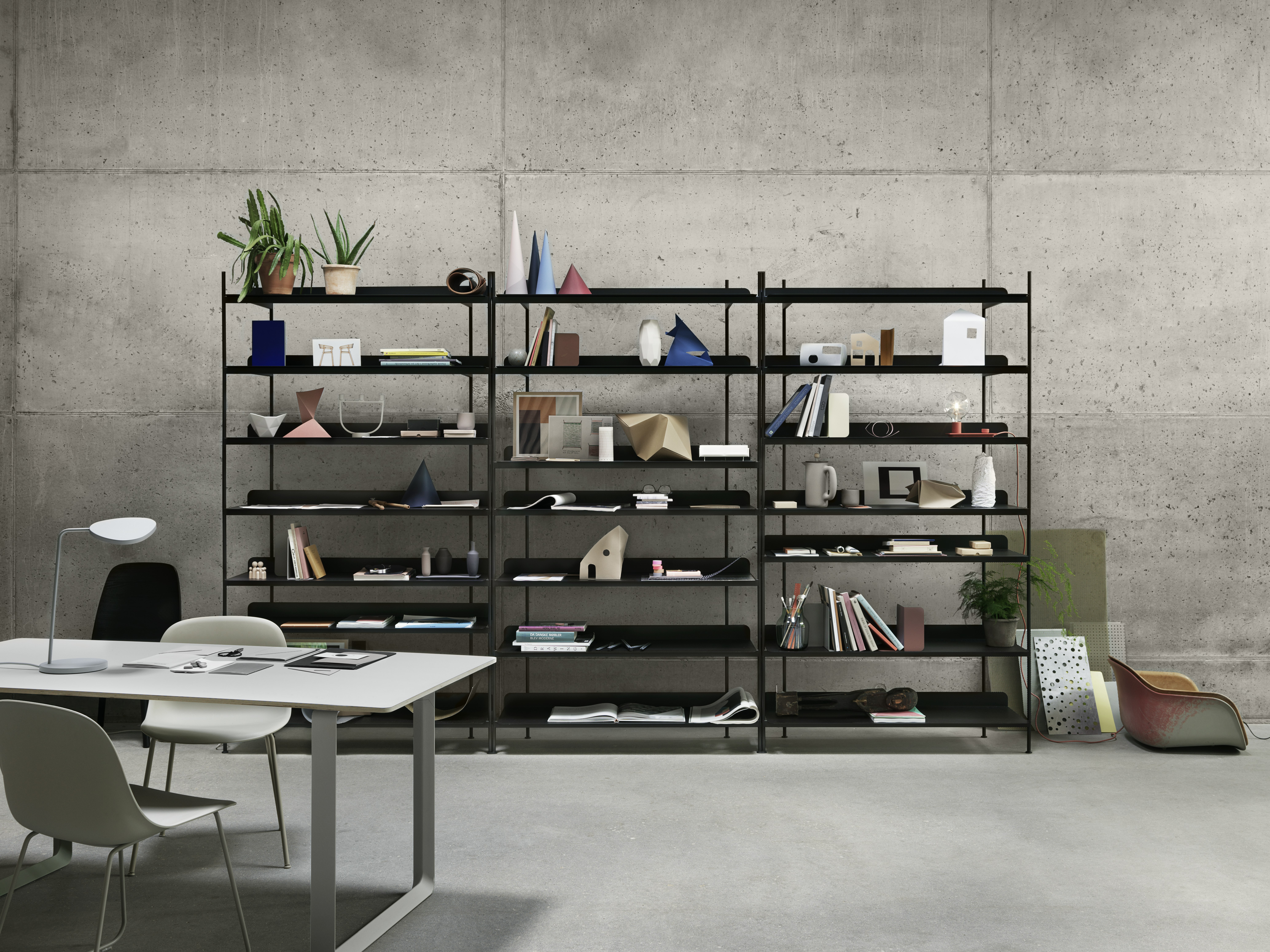 Compile Shelving System - Black, 70/70 Table - White/Grey, Leaf Table Lamp - White, Fiber Side Chair - Grey
