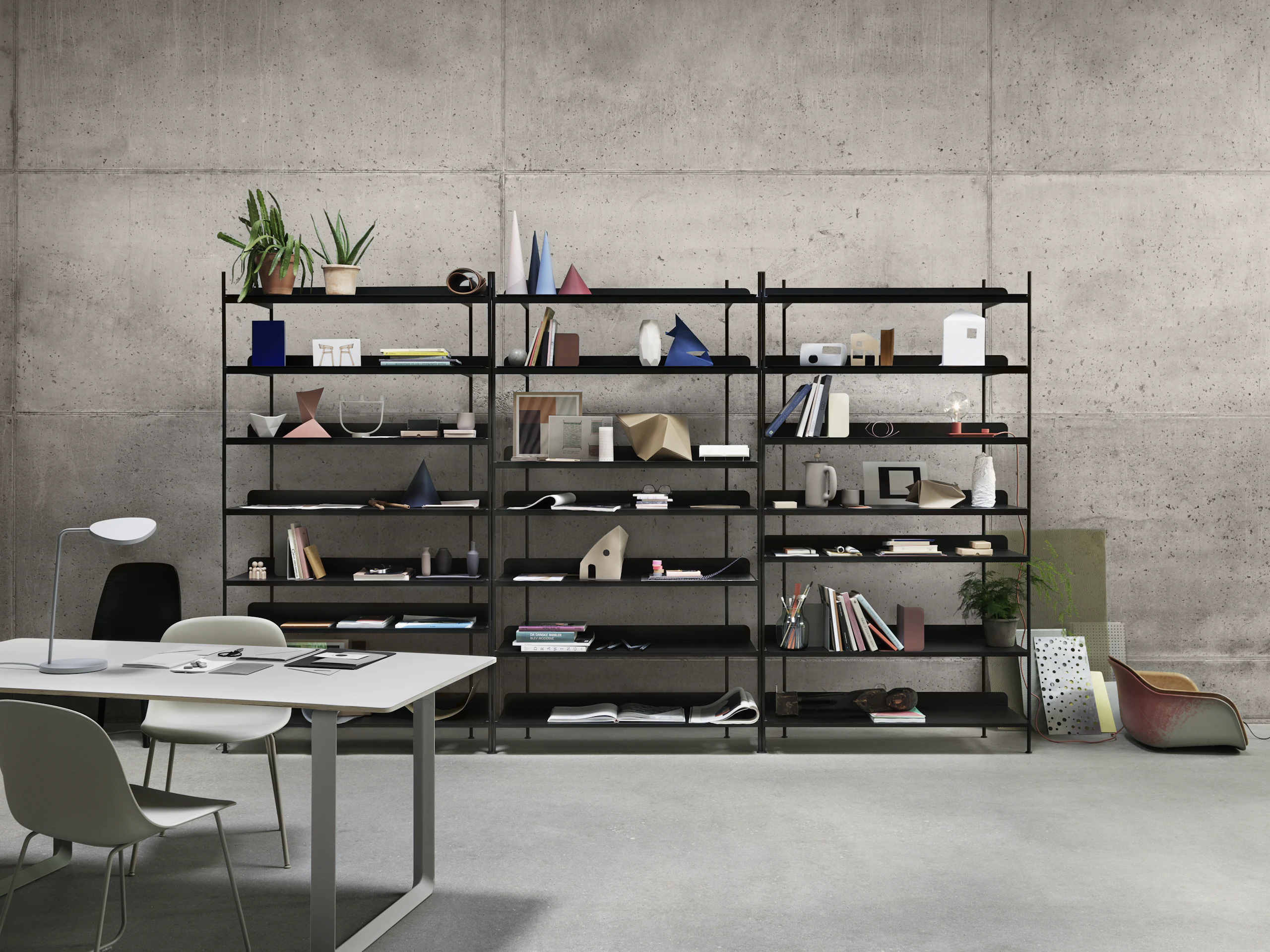 Compile Shelving System - Black, 70/70 Table - White/Grey, Leaf Table Lamp - White, Fiber Side Chair - Grey
