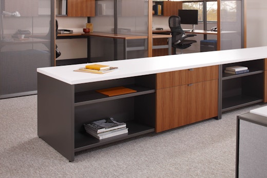 Dividends Skyline double depth credenzas with laminate tops and veneer fronts