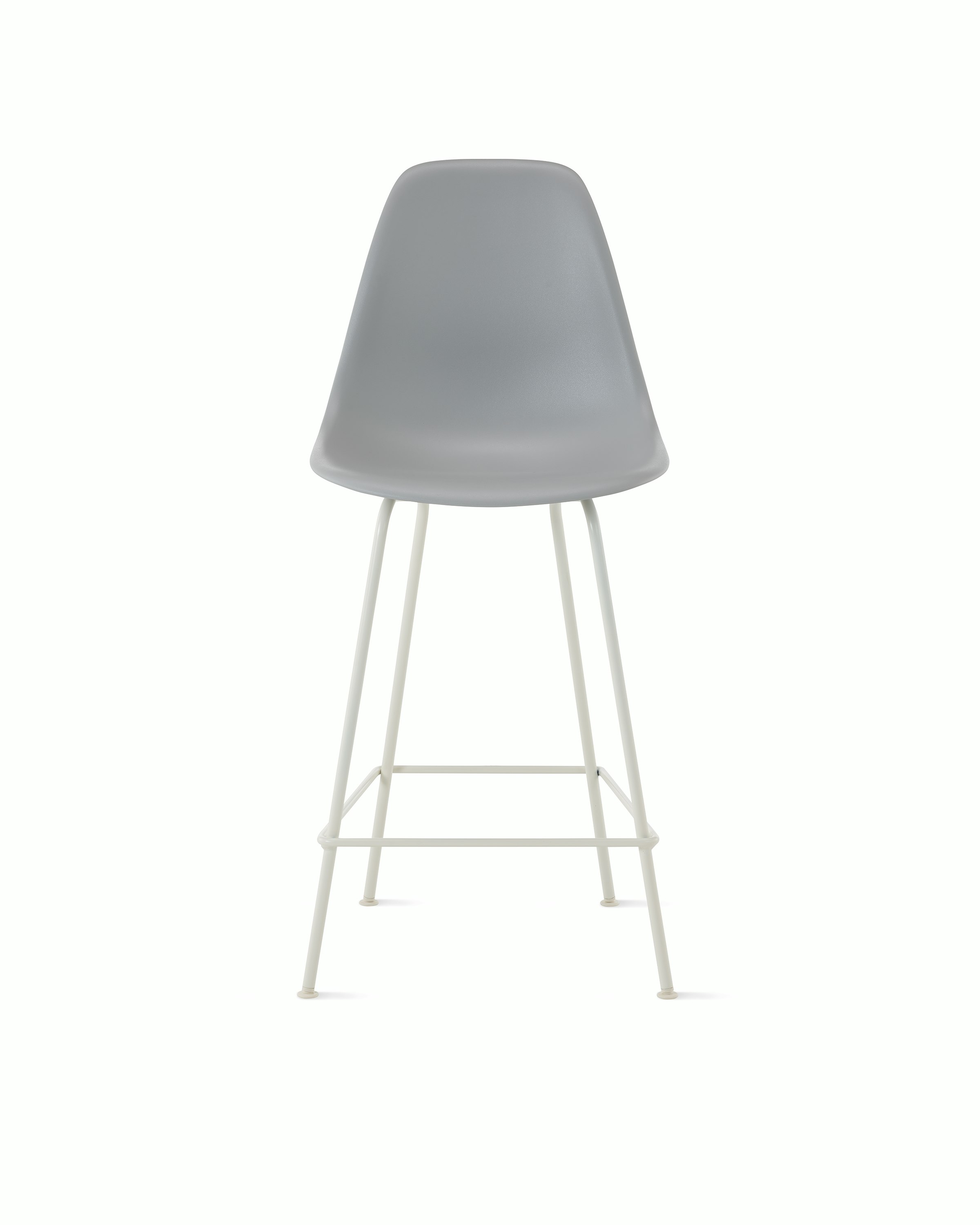 Front of light grey plastic shell stool on 4 leg base.