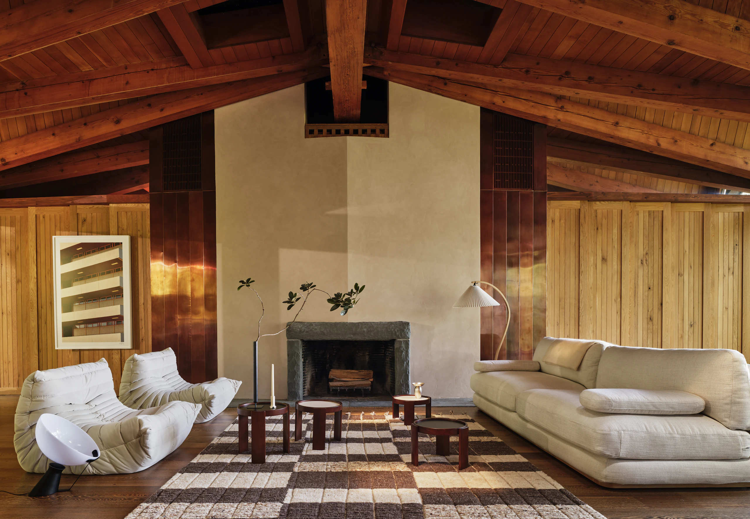 Stack Sofa, Togo Fireside Chairs, Untitled (UNAM II), Mexico City, 2024, 780 Nested Tables and Bennett Rug