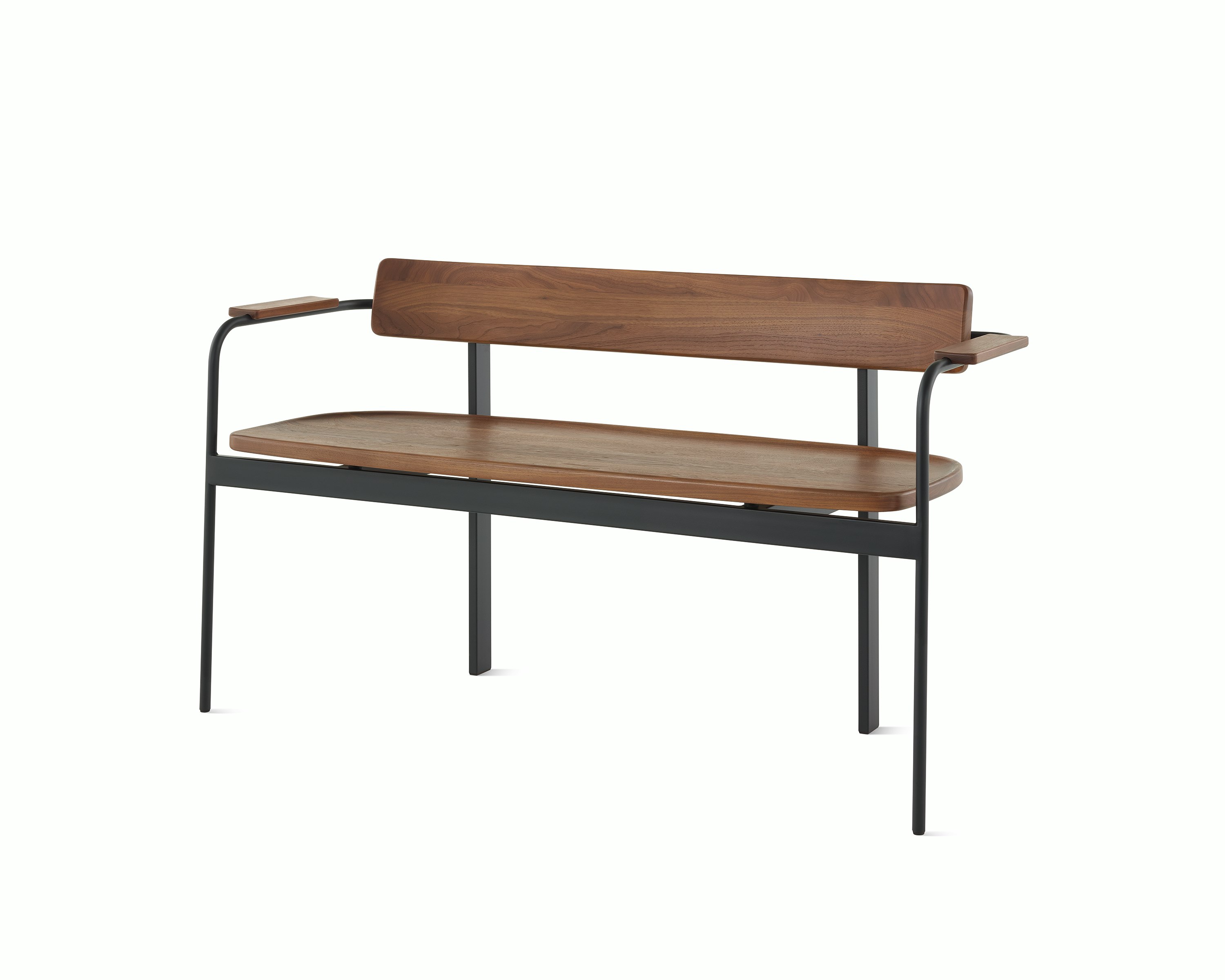 A Betwixt Bench with walnut seat, backrest, and arms with a black frame.