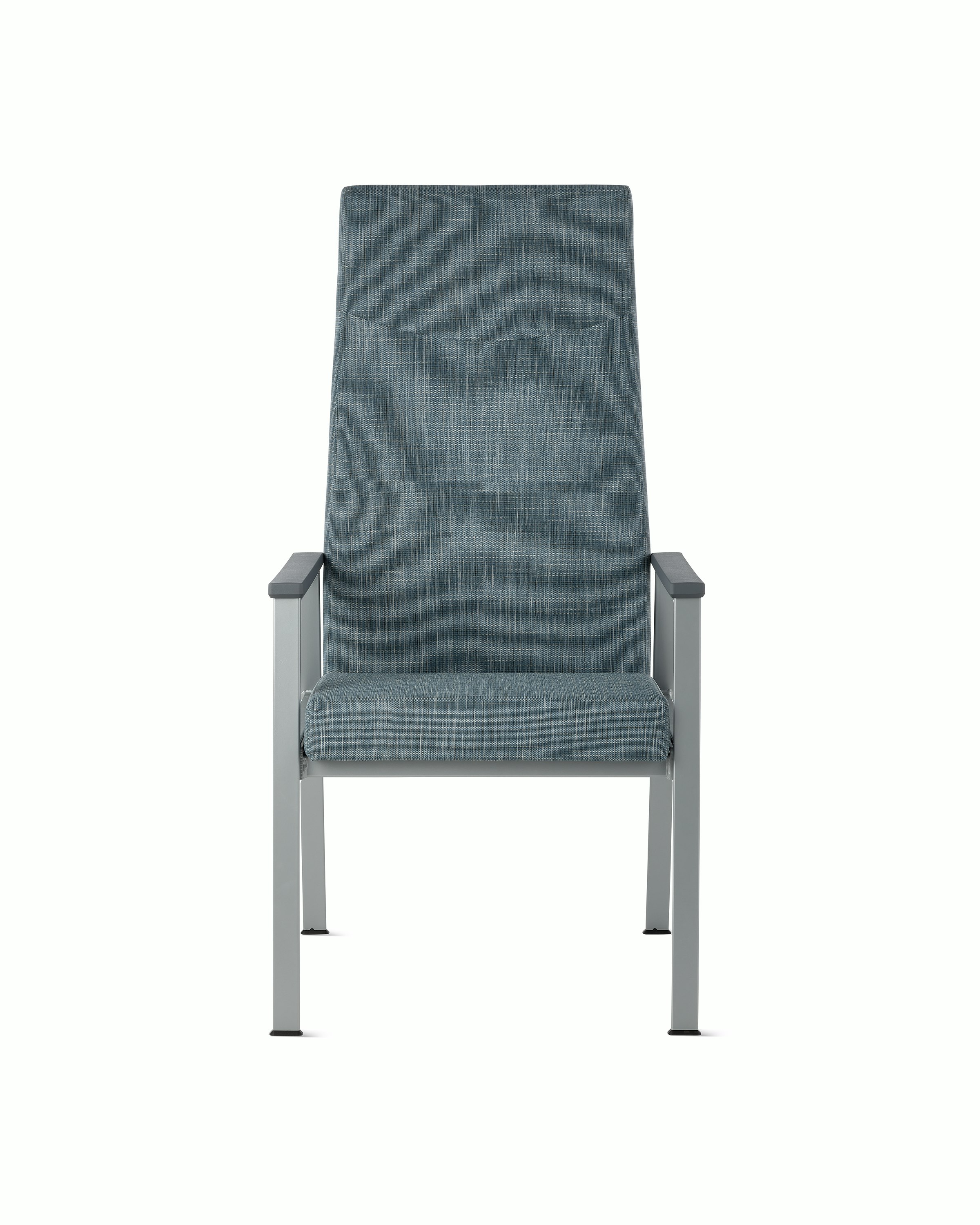 Front view of an Easton Patient Chair with blue upholstery, metallic silver four leg base and slate grey arm caps.