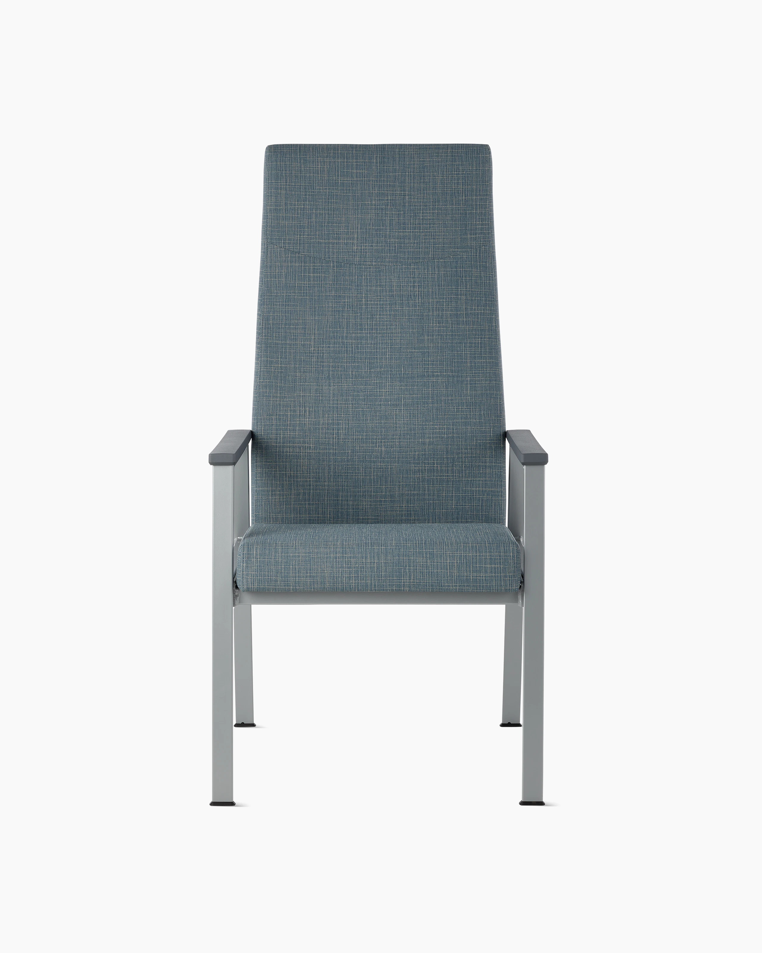 Front view of an Easton Patient Chair with blue upholstery, metallic silver four leg base and slate grey arm caps.