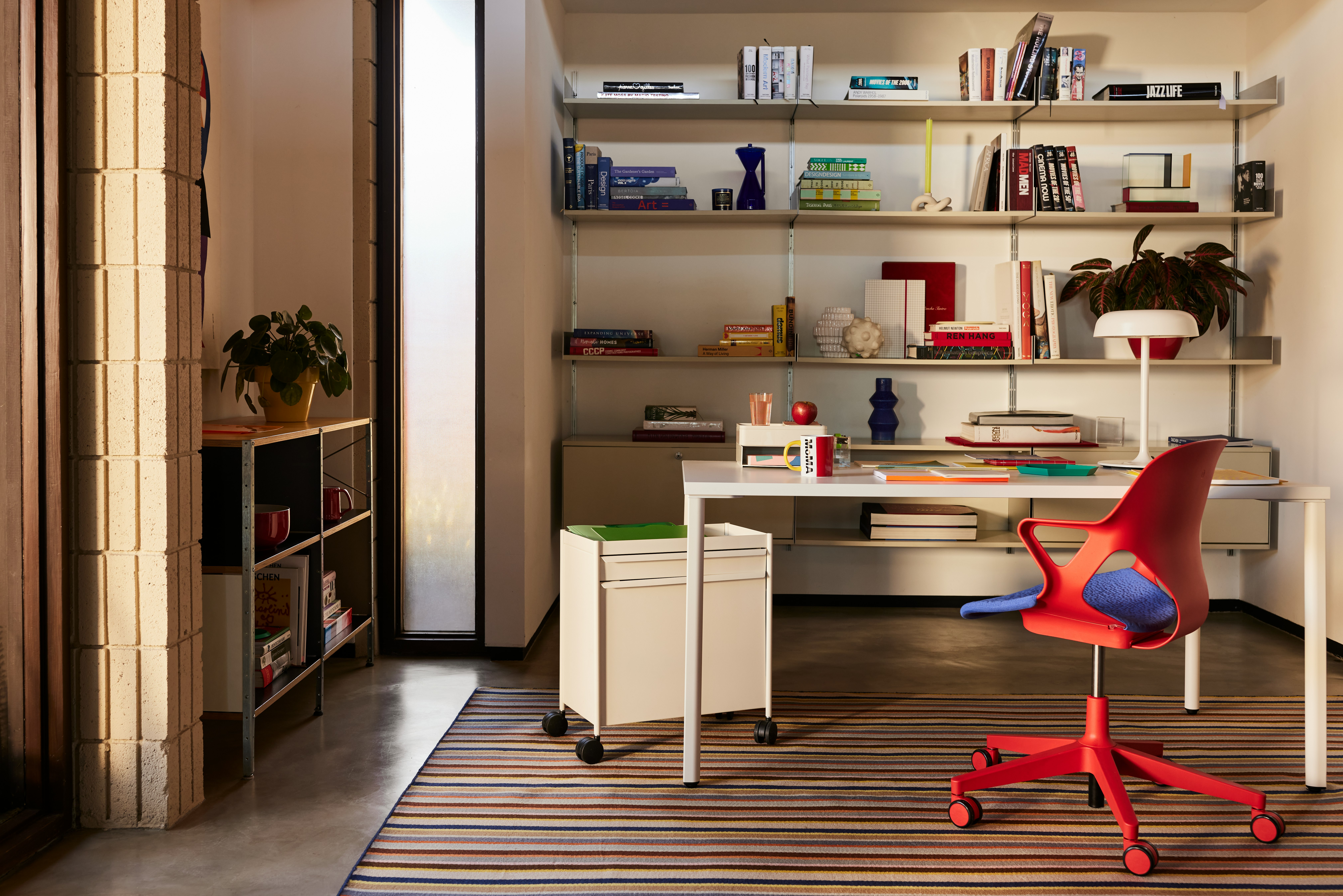 OE1 Table - 30x72, Zeph Armchair, Girard Millerstipe Rug, Eames Storage Unit, OE1 Trolley, Ode Desk Lamp