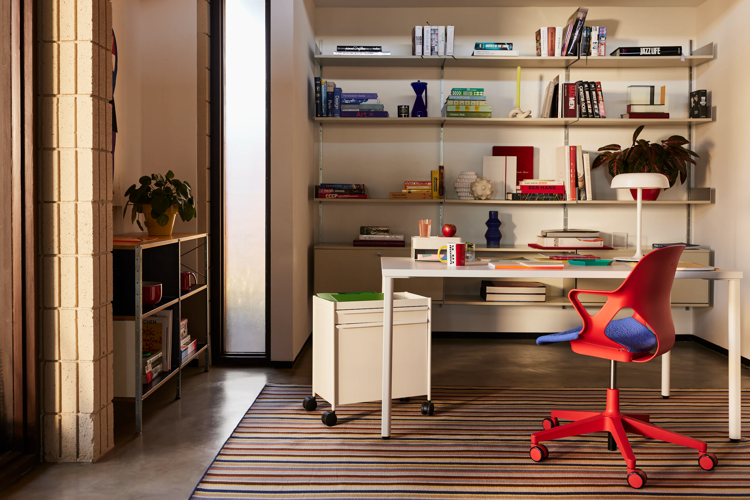 OE1 Table - 30x72, Zeph Armchair, Girard Millerstipe Rug, Eames Storage Unit, OE1 Trolley, Ode Desk Lamp