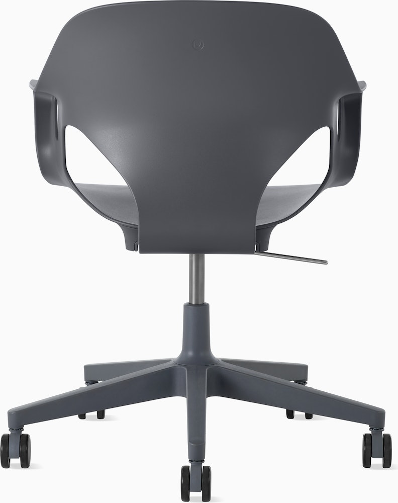 Rear view of a Zeph chair with fixed arms in dark grey.