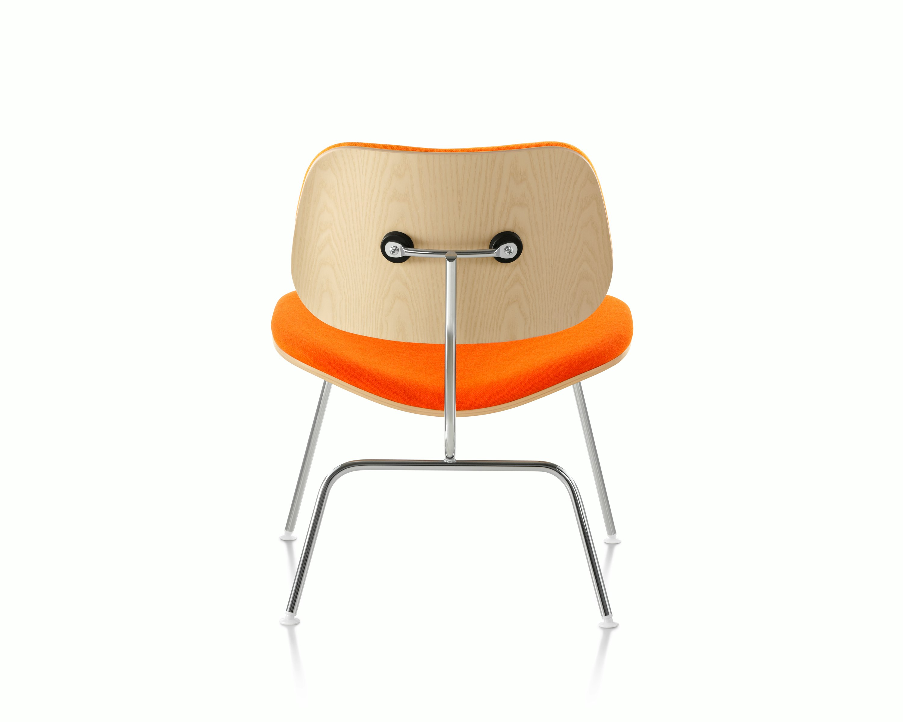 A Eames Molded Plywood Lounge Chair upholstered in Gabriel Interglobe Orange Wool, viewed from the back.