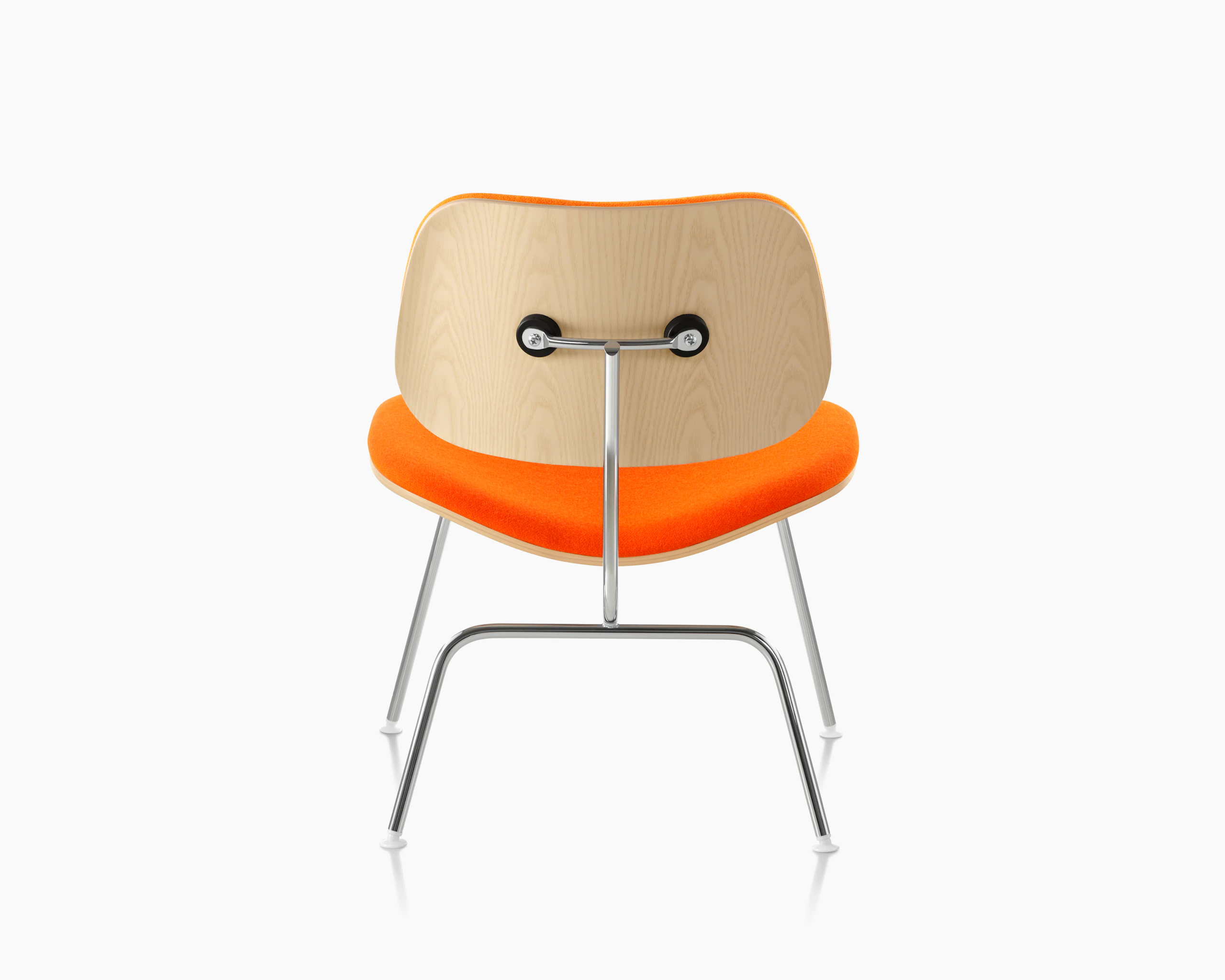 A Eames Molded Plywood Lounge Chair upholstered in Gabriel Interglobe Orange Wool, viewed from the back.