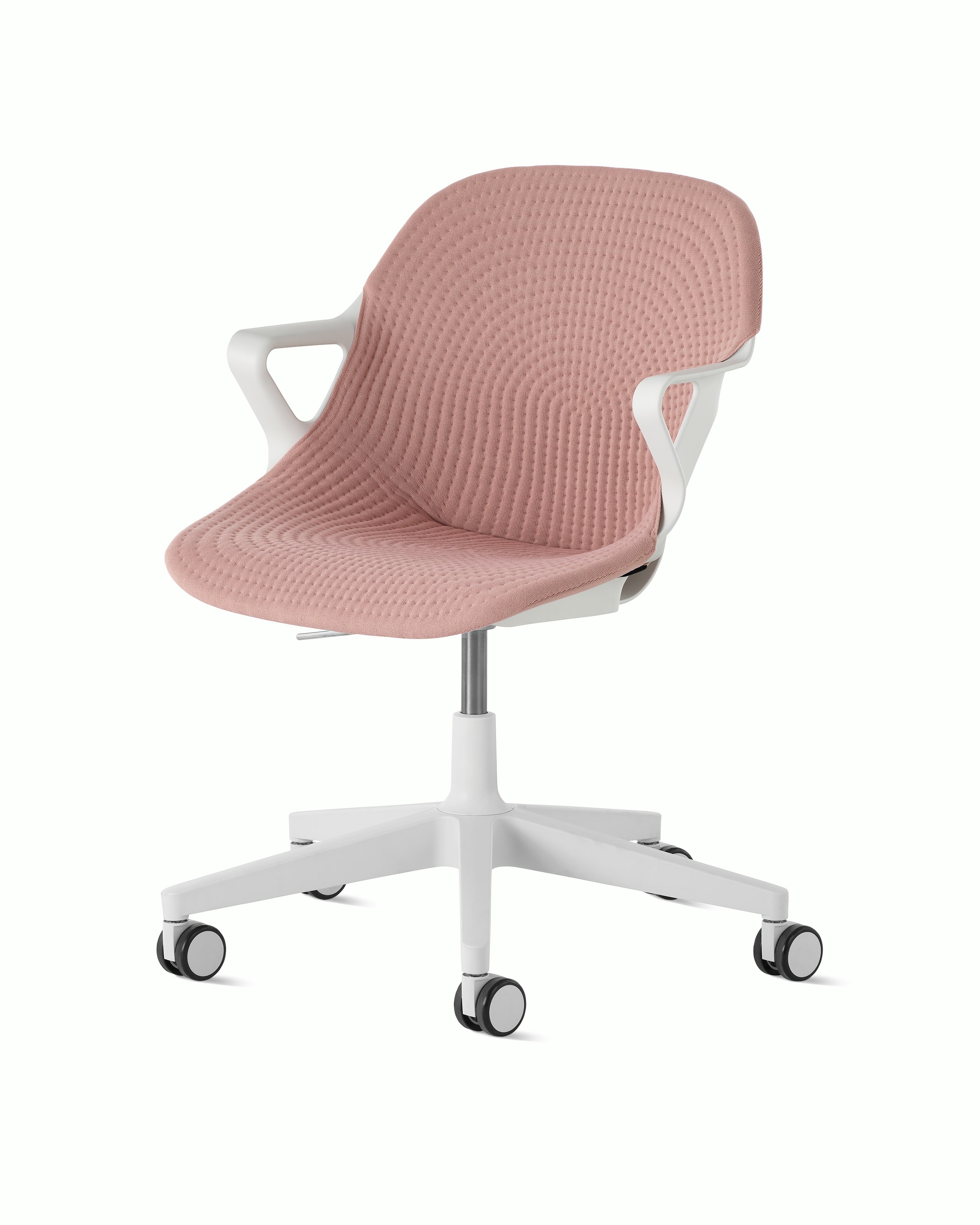 Front angle view of a Zeph chair  with fixed arms in light grey with a light pink  knit cover