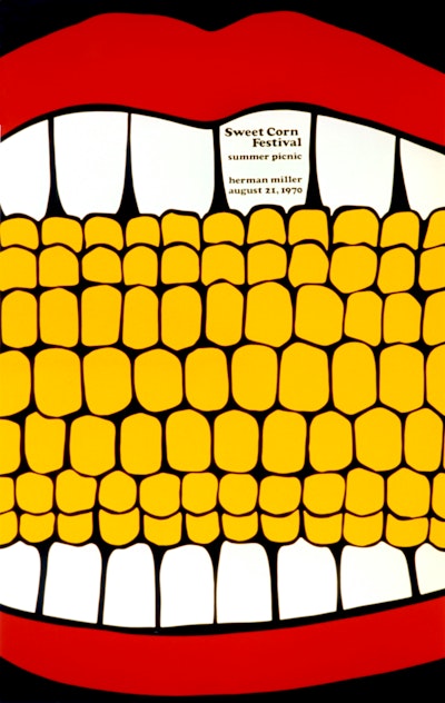 A bright red mouth biting an ear of sweetcorn in the Sweet Corn poster designed by Steve Frykholm.