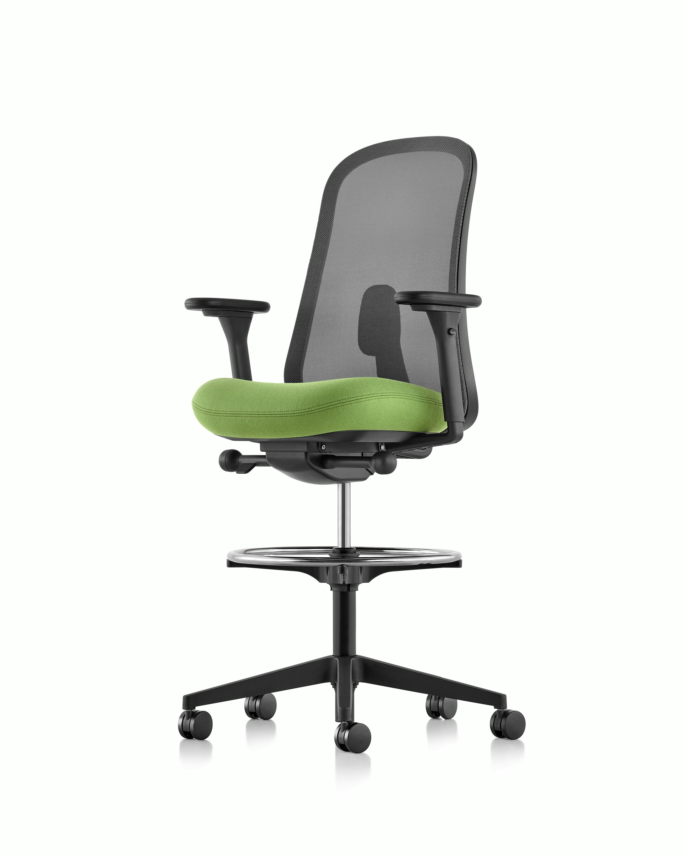 Black and green Lino Stool with adjustable sacral lumbar support, viewed from a 45-degree angle.