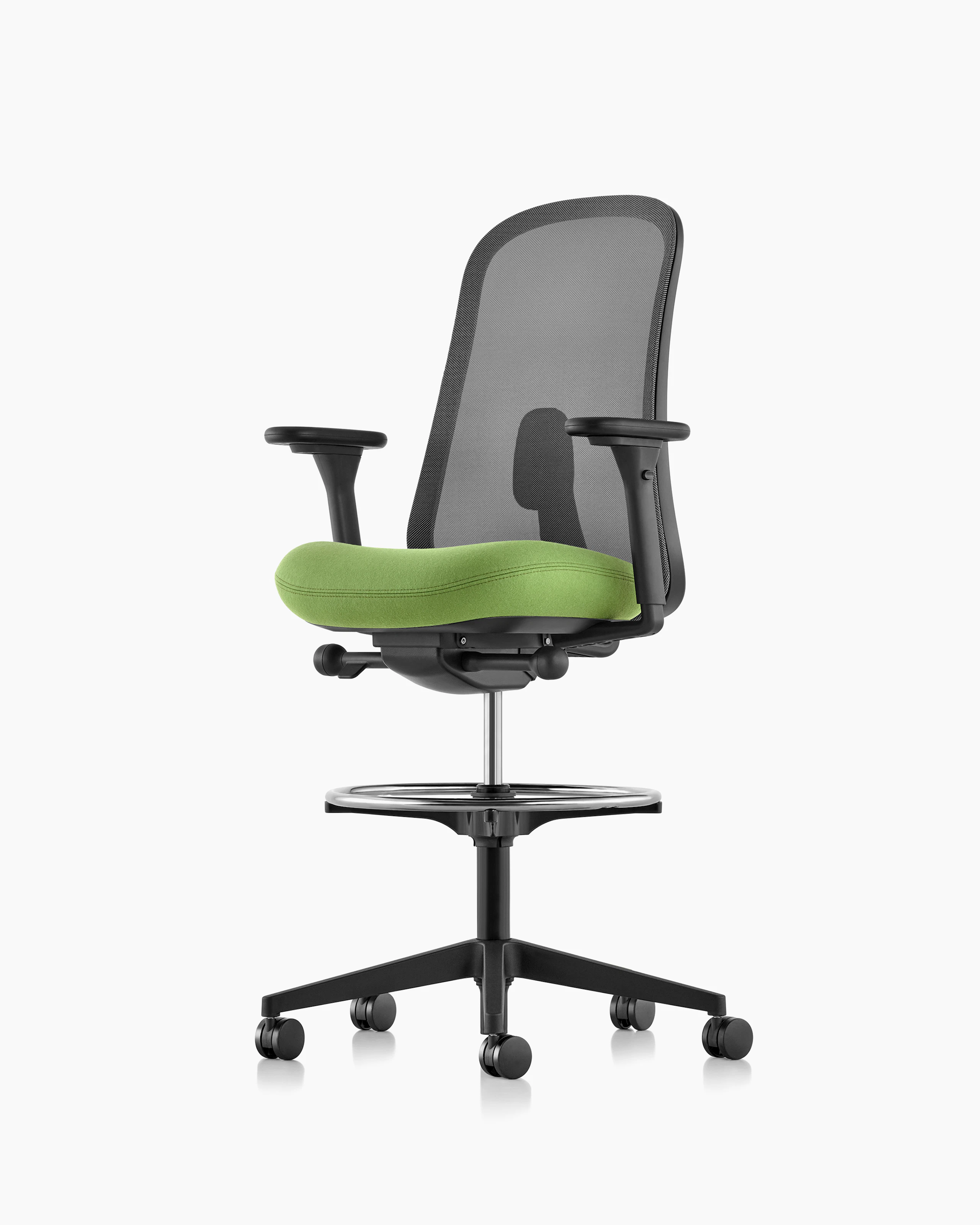 Black and green Lino Stool with adjustable sacral lumbar support, viewed from a 45-degree angle.