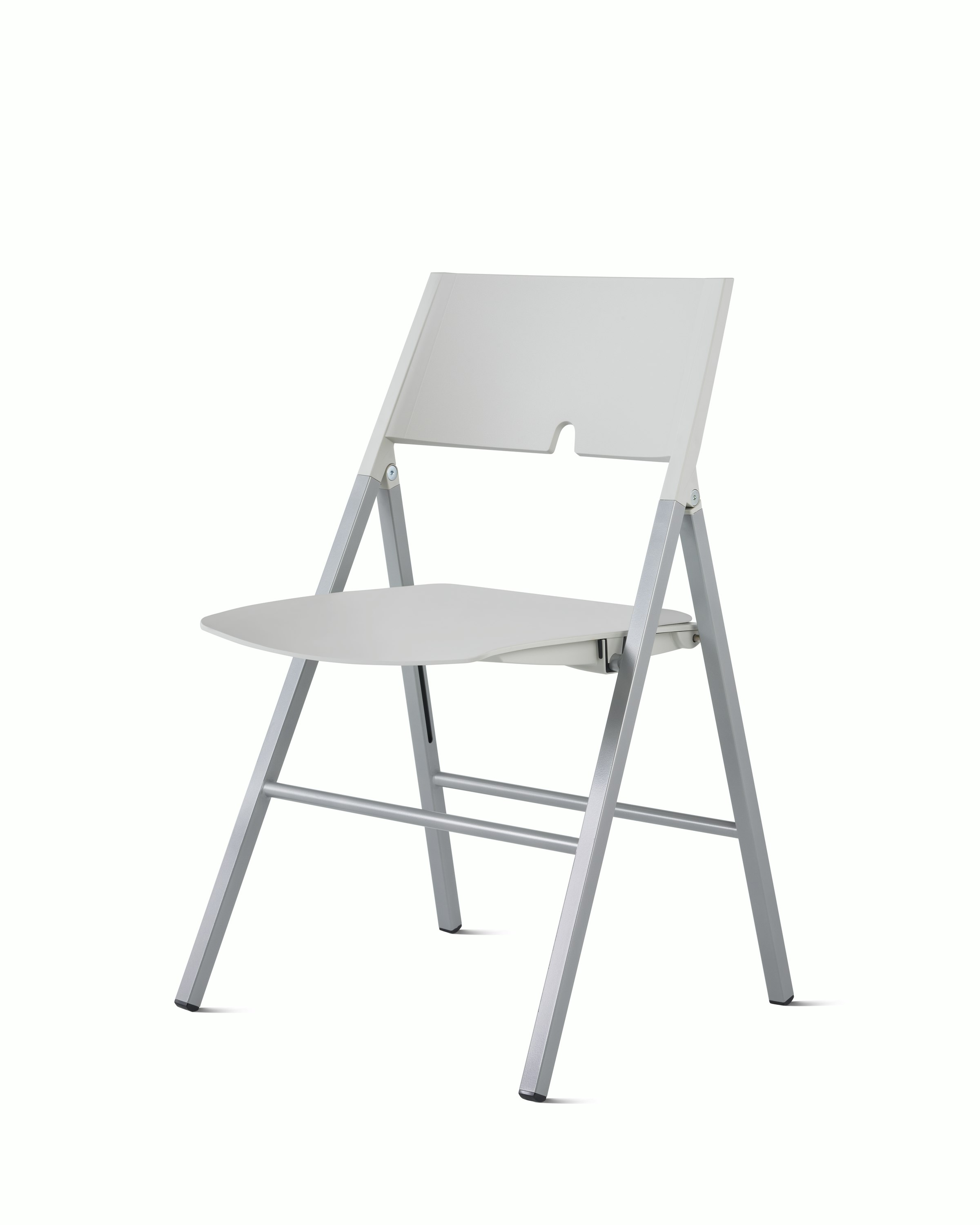 Angled front view of an Axa Folding Chair with a non-upholstered seat and back in a light gray plastic and silver metal frame and legs.