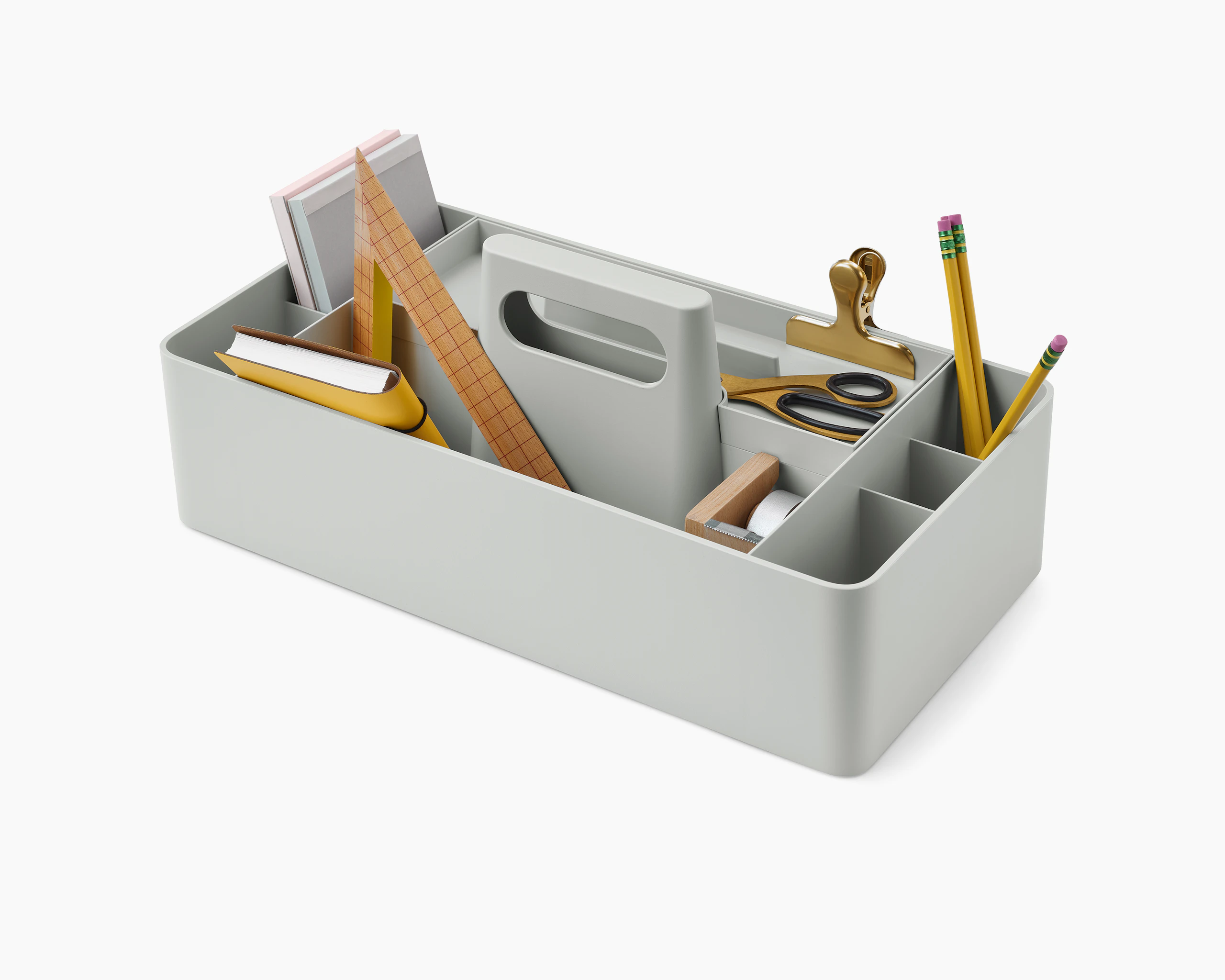 Grey OE1 Workbox with pencils, notepads and other personal items, viewed from an angle.