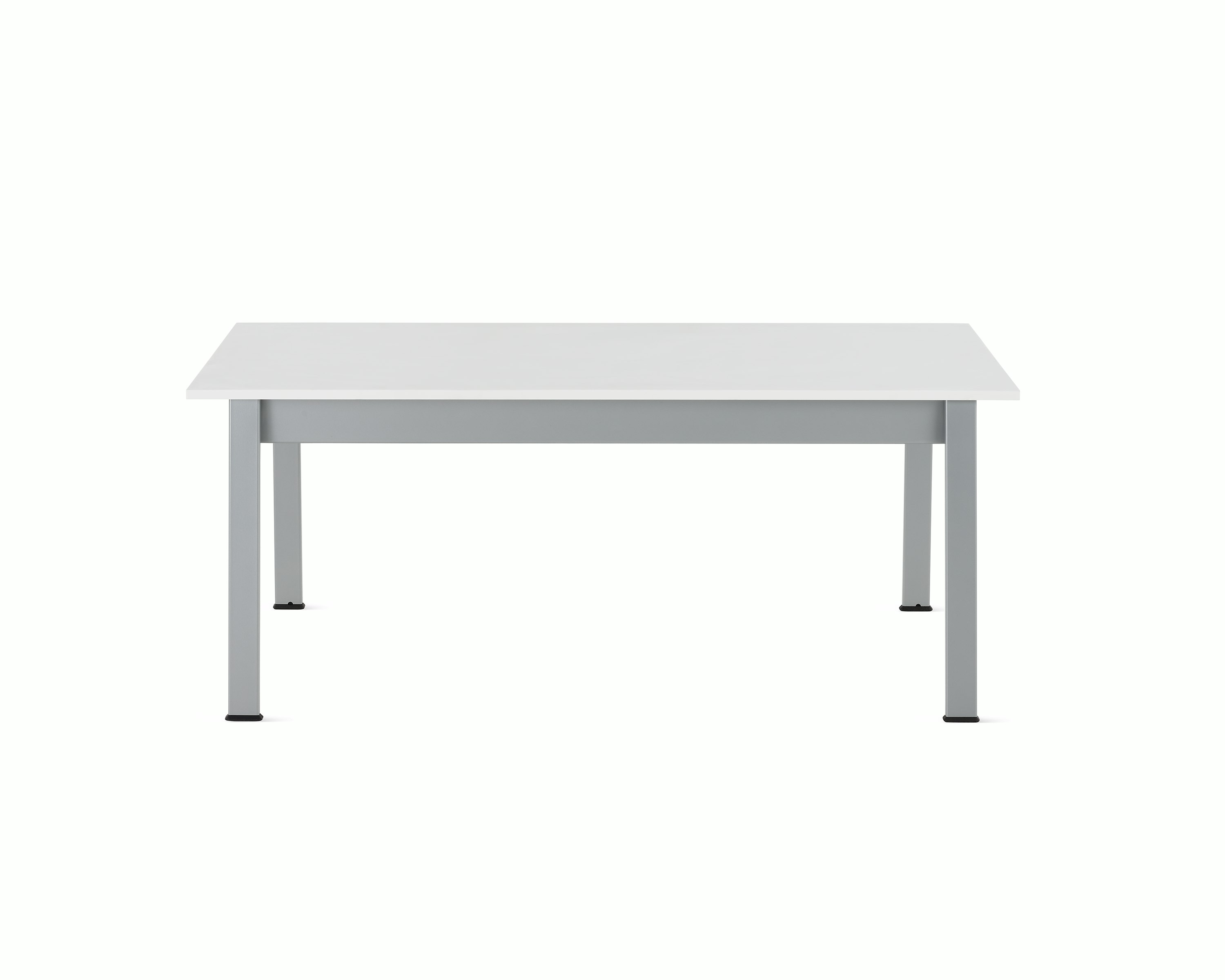 Front view of an Easton Coffee Table with a glacier white Corian top and metallic silver legs.