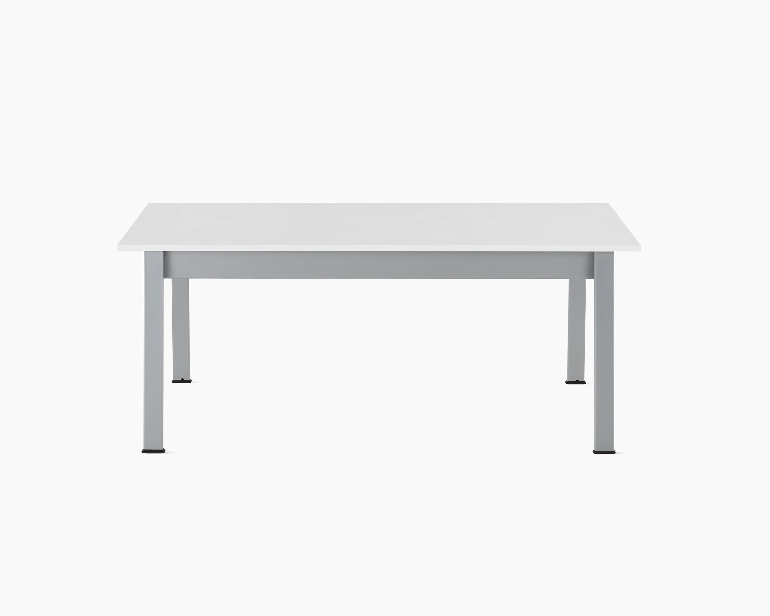 Front view of an Easton Coffee Table with a glacier white Corian top and metallic silver legs.