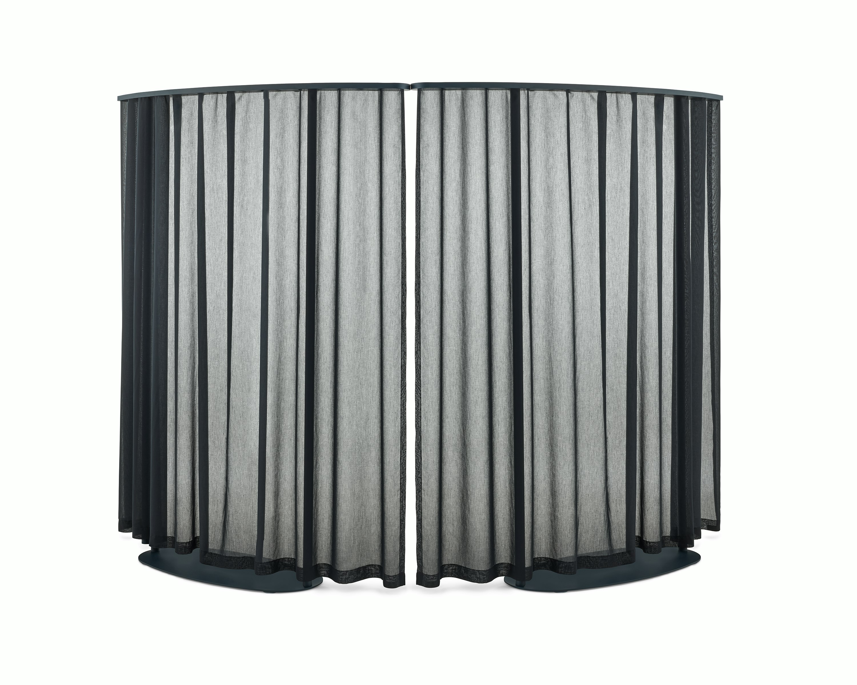 Two curved dark blue OE1 Freestanding Curtains with blue frames viewed from a front angle.