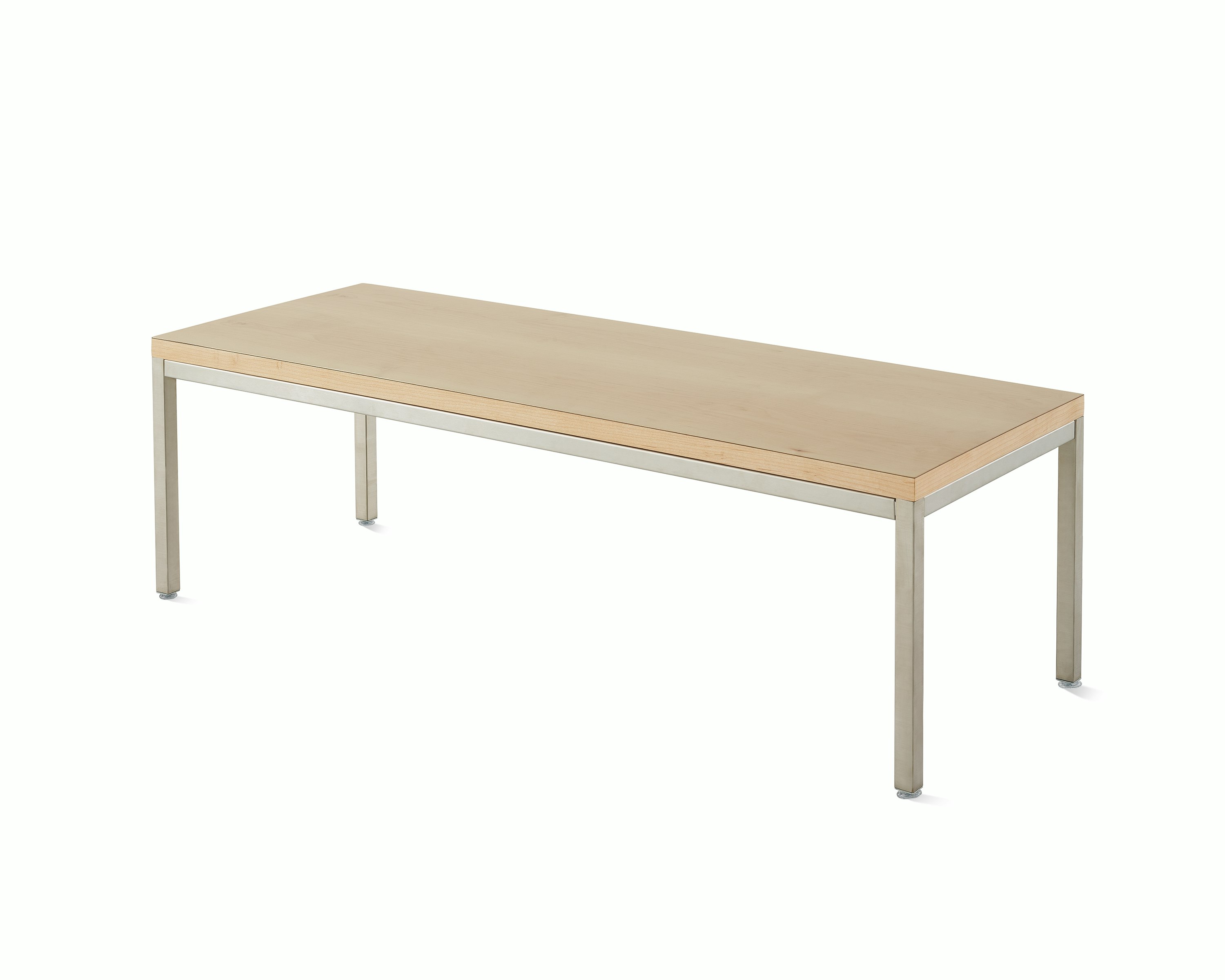 Angled view of Riva Coffee Table with a natural maple top and metallic silver base.