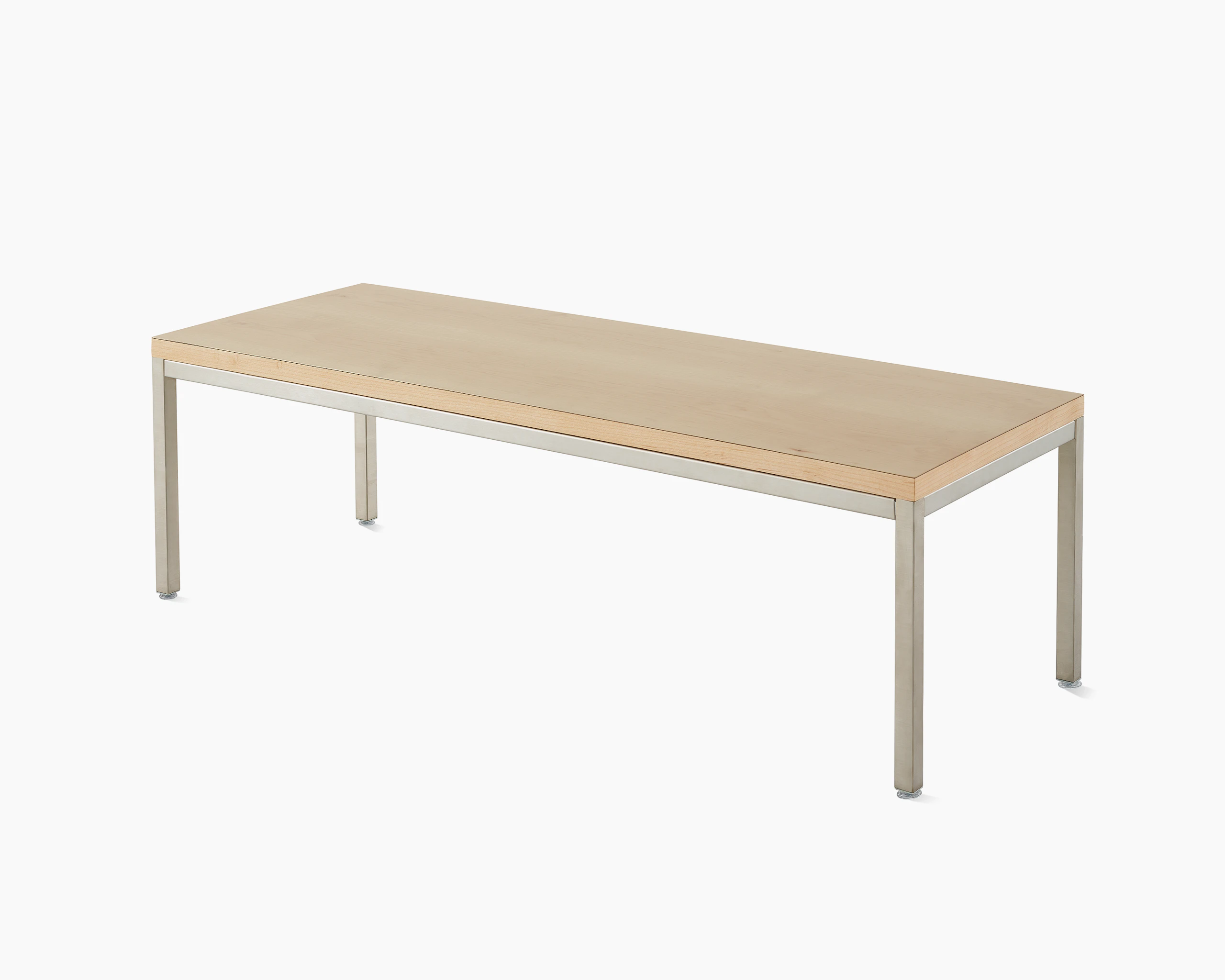 Angled view of Riva Coffee Table with a natural maple top and metallic silver base.