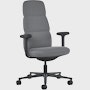 Front angle view of a high-back Asari chair by Herman Miller in dark grey with height adjustable arms.