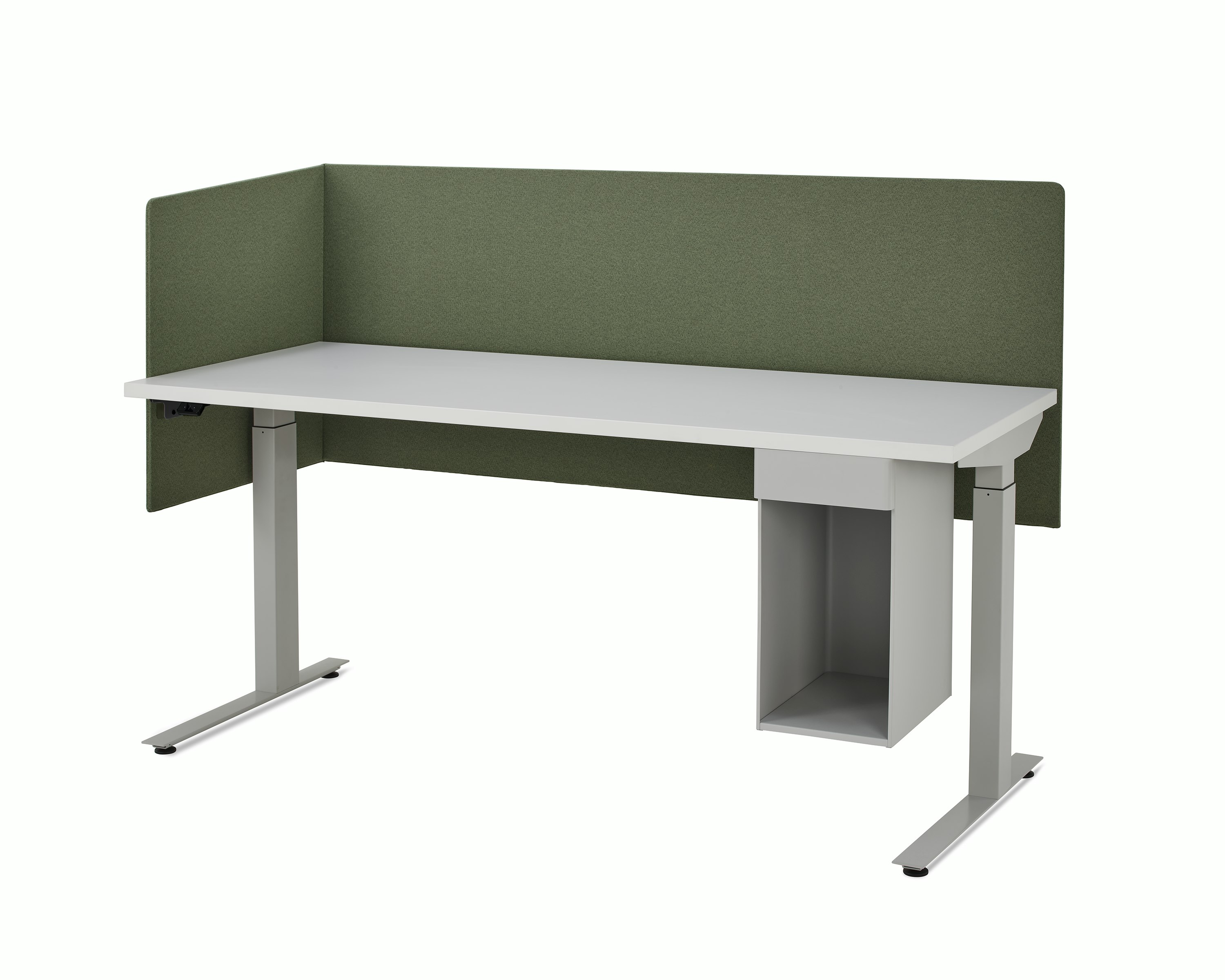 Large, grey metal suspended storage attached to bottom of laminate worksurface of height adjustable table with two sided olive fabric screen.