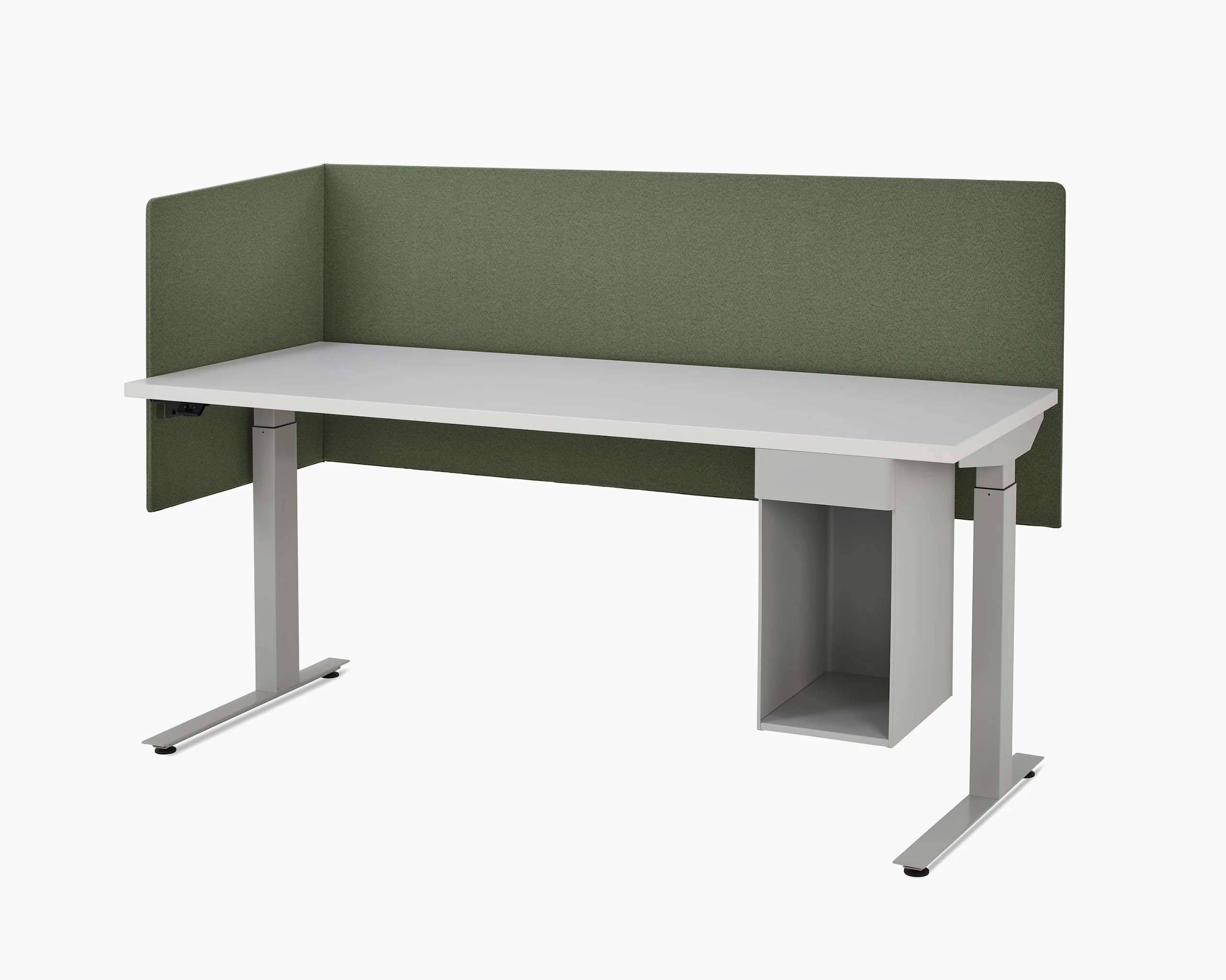 Large, grey metal suspended storage attached to bottom of laminate worksurface of height adjustable table with two sided olive fabric screen.