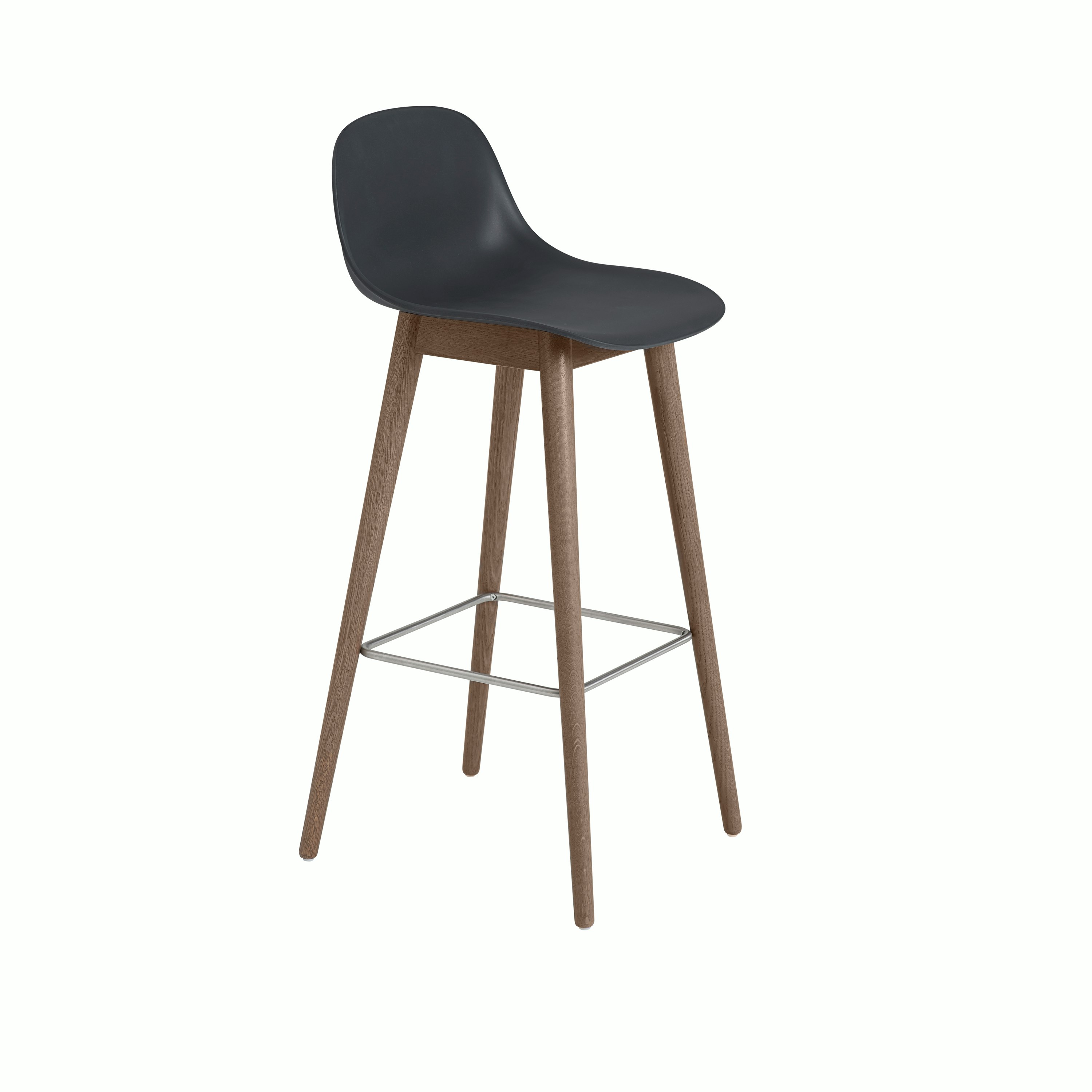 Fiber bar stool 75 w back wood base stained dark brown black