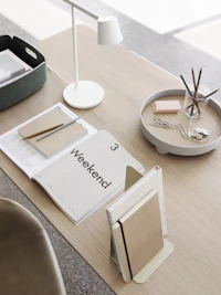 Base Table Oak, Tip Lamp White, Platform Tray Grey, Compile Bookend Beige-Green, Restore Tray Dusty Green, Fiber Armchair Stone Refine Leather