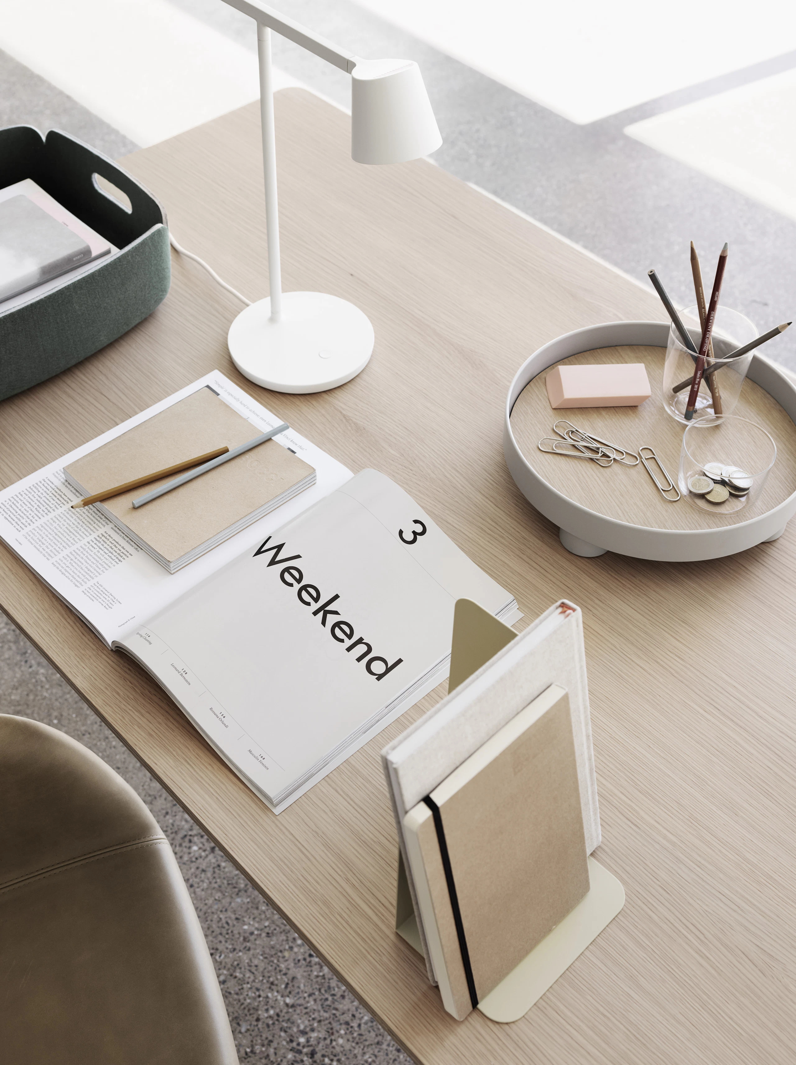 Base Table Oak, Tip Lamp White, Platform Tray Grey, Compile Bookend Beige-Green, Restore Tray Dusty Green, Fiber Armchair Stone Refine Leather