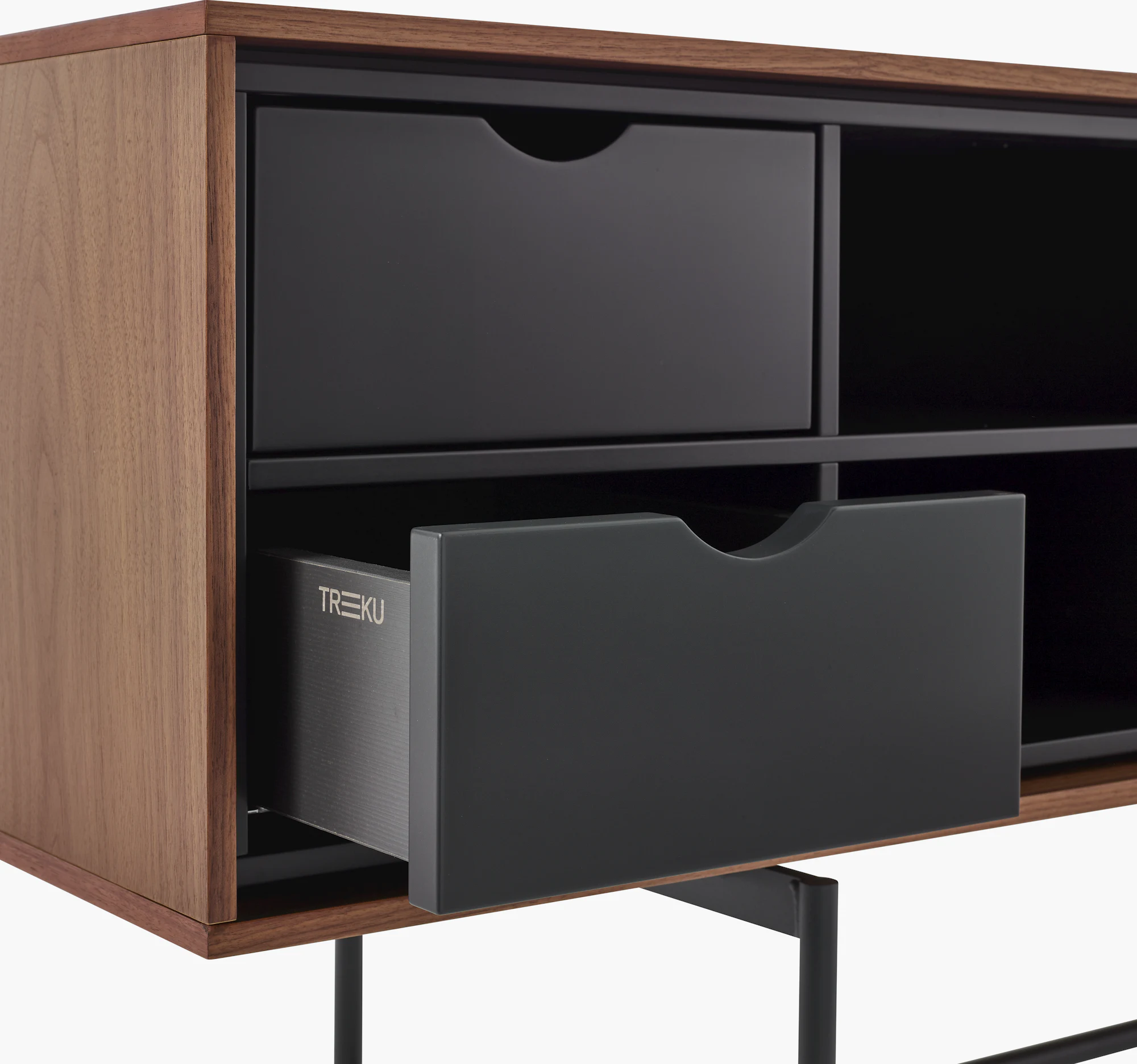 Aura credenza drawer interior with gray TREKU bin and curved fronts