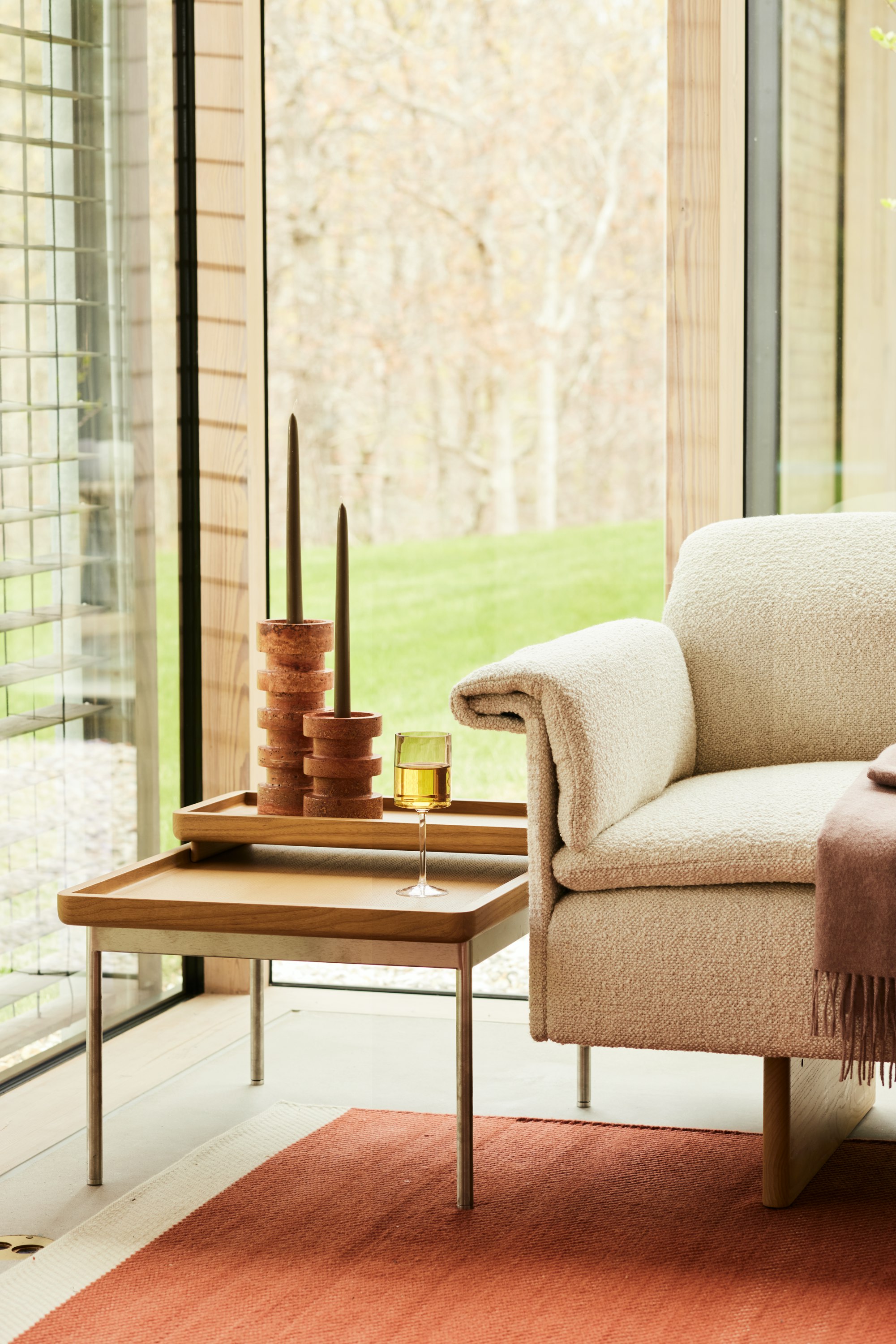 Mantle Sofa close up detail with Tuxedo Tray Table.