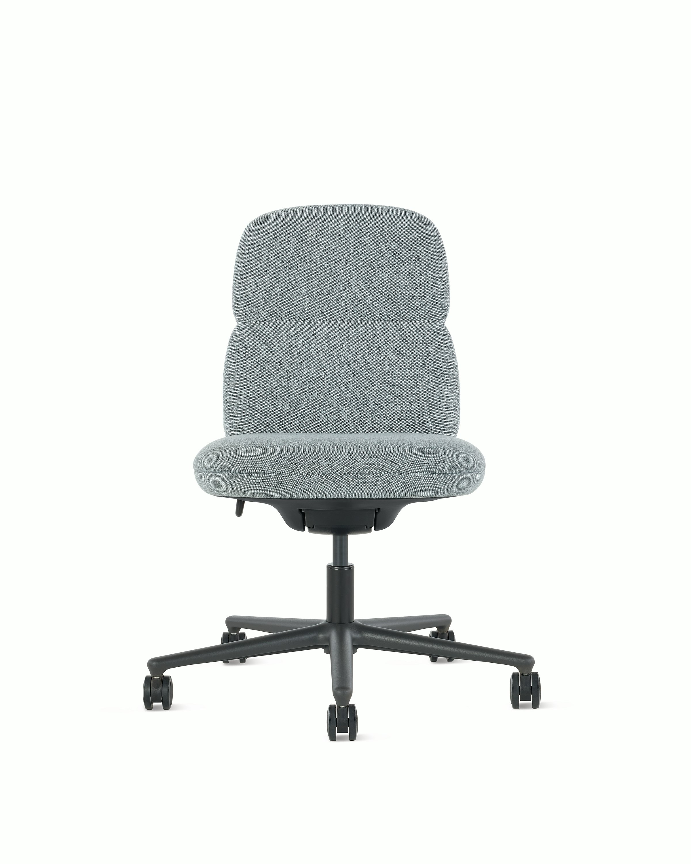 Front view of an Asari chair by Herman Miller in grey without arms.