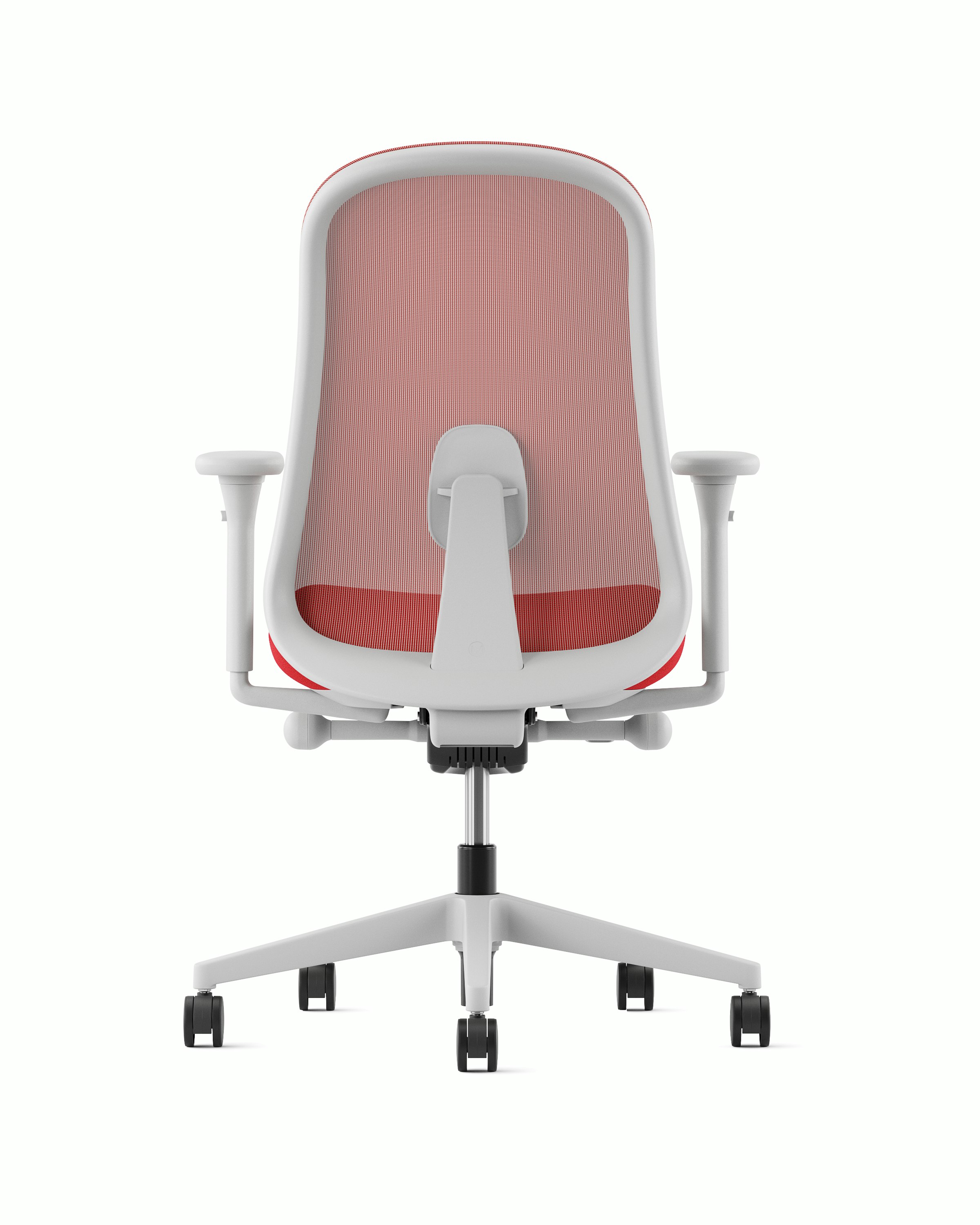 Grey and red Lino Chair with adjustable sacral lumbar support, viewed from the back.