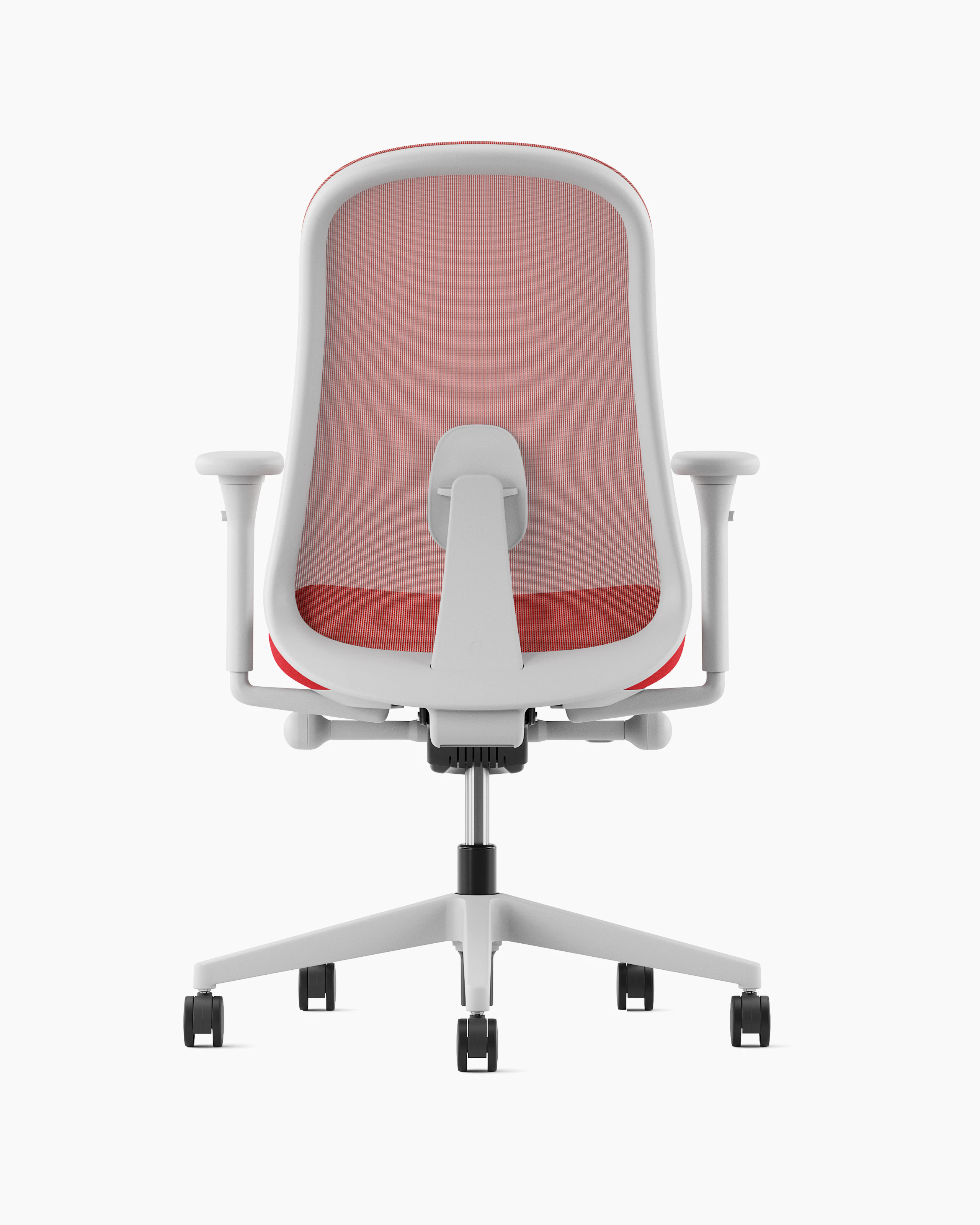 Grey and red Lino Chair with adjustable sacral lumbar support, viewed from the back.