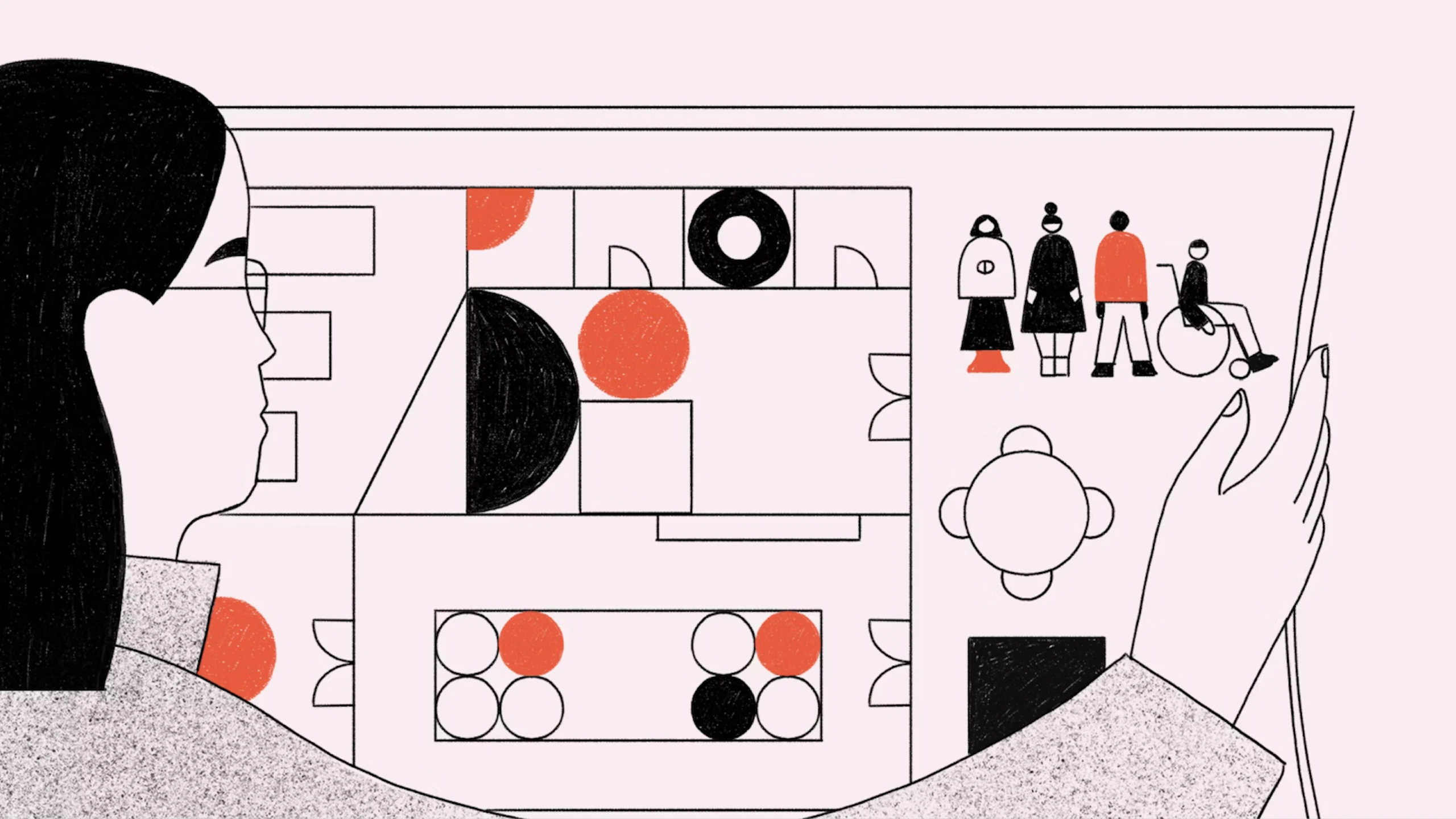 Künstlerische Interpretation eines Architekten, der Bodenplatten für eine Möbelinstallation hält, wobei rosa, schwarze und rote Formen Büroumgebungen darstellen. Eine vielfältige Darstellung von Menschen in der oberen rechten Ecke.